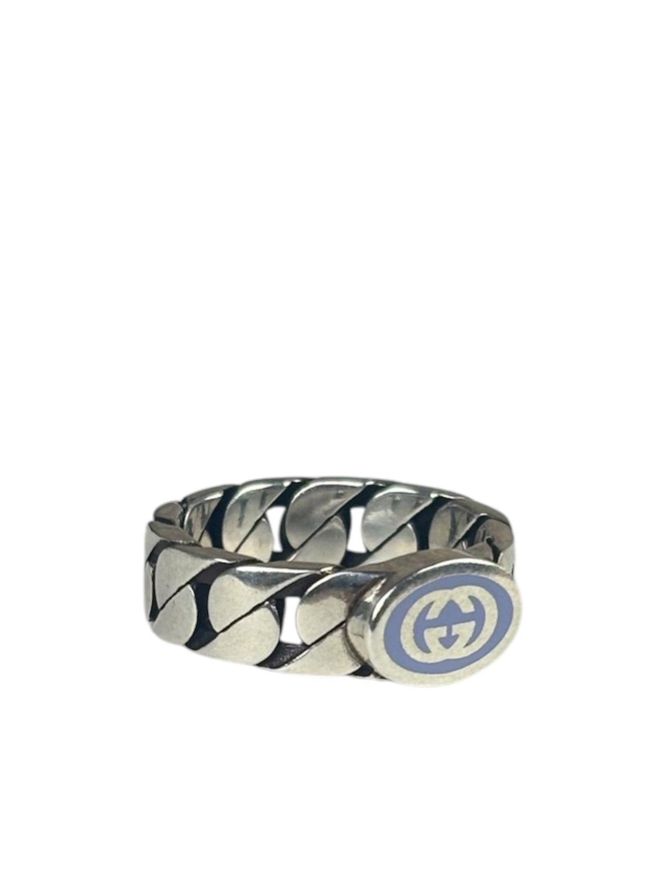 Gucci Sterling Silver & Blue Enamel Interlocking G Chain Link Ring