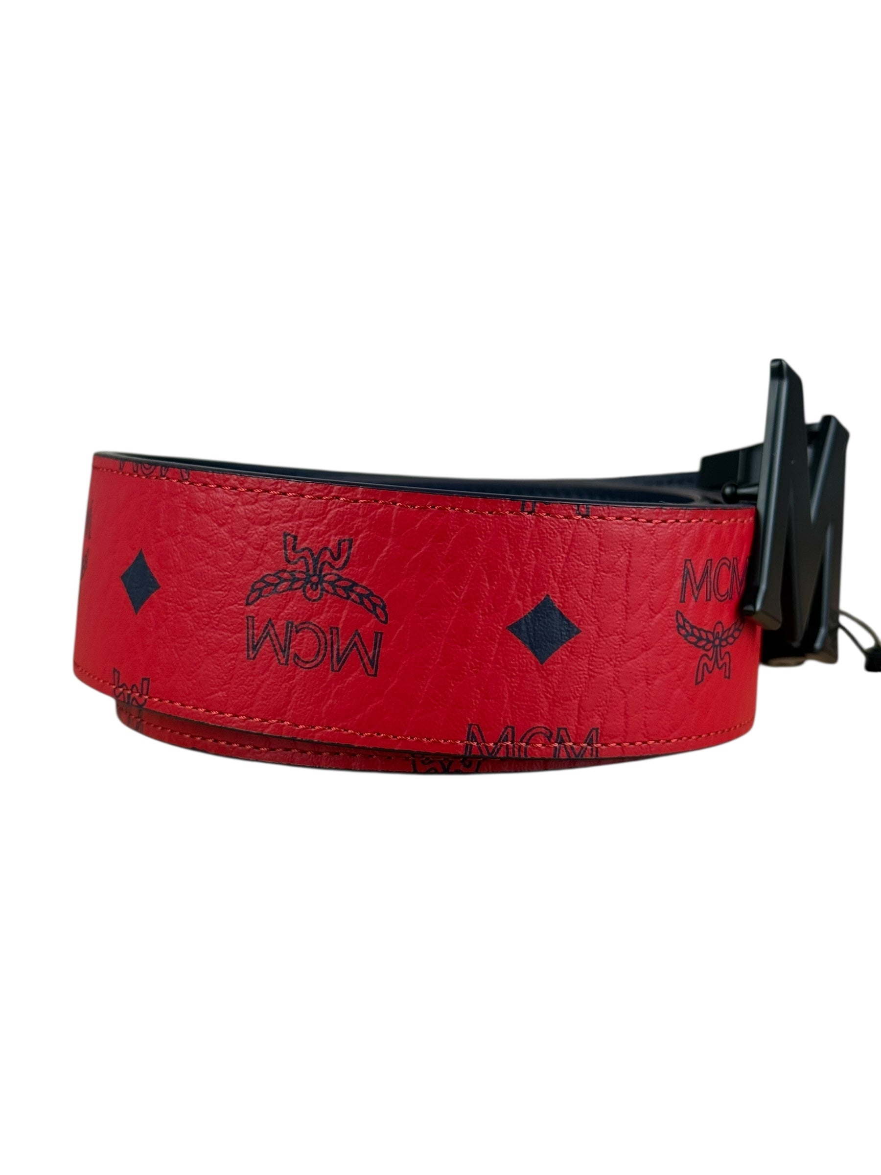 MCM Red Leather Anagram M Buckle belt