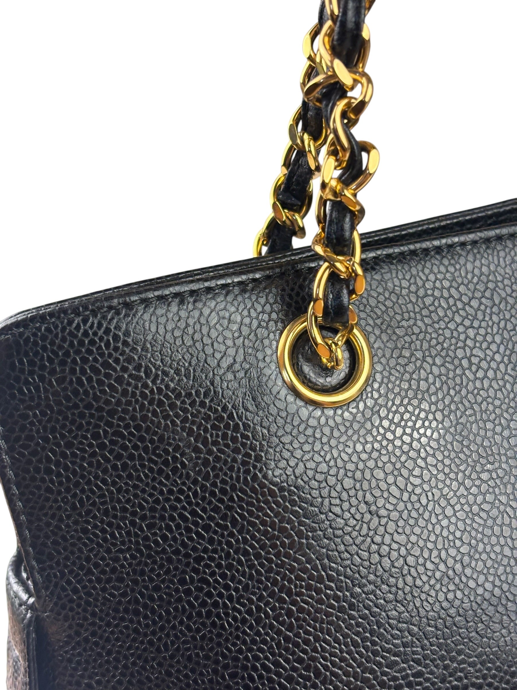 Chanel Vintage Black Caviar Leather Timeless Chain Shoulder Tote 1998