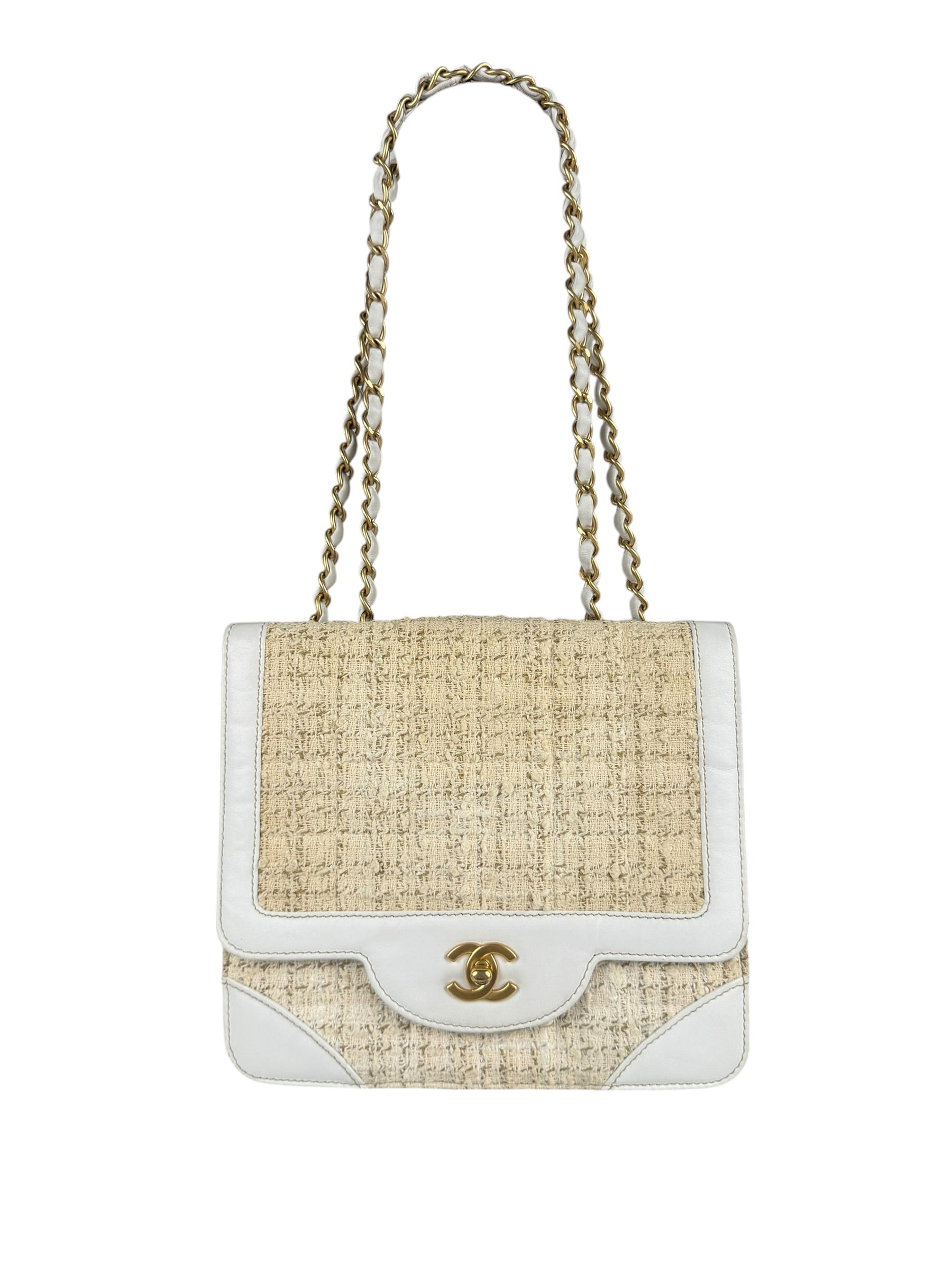 Chanel White Leather Trim Tweed Shoulder Bag 2001