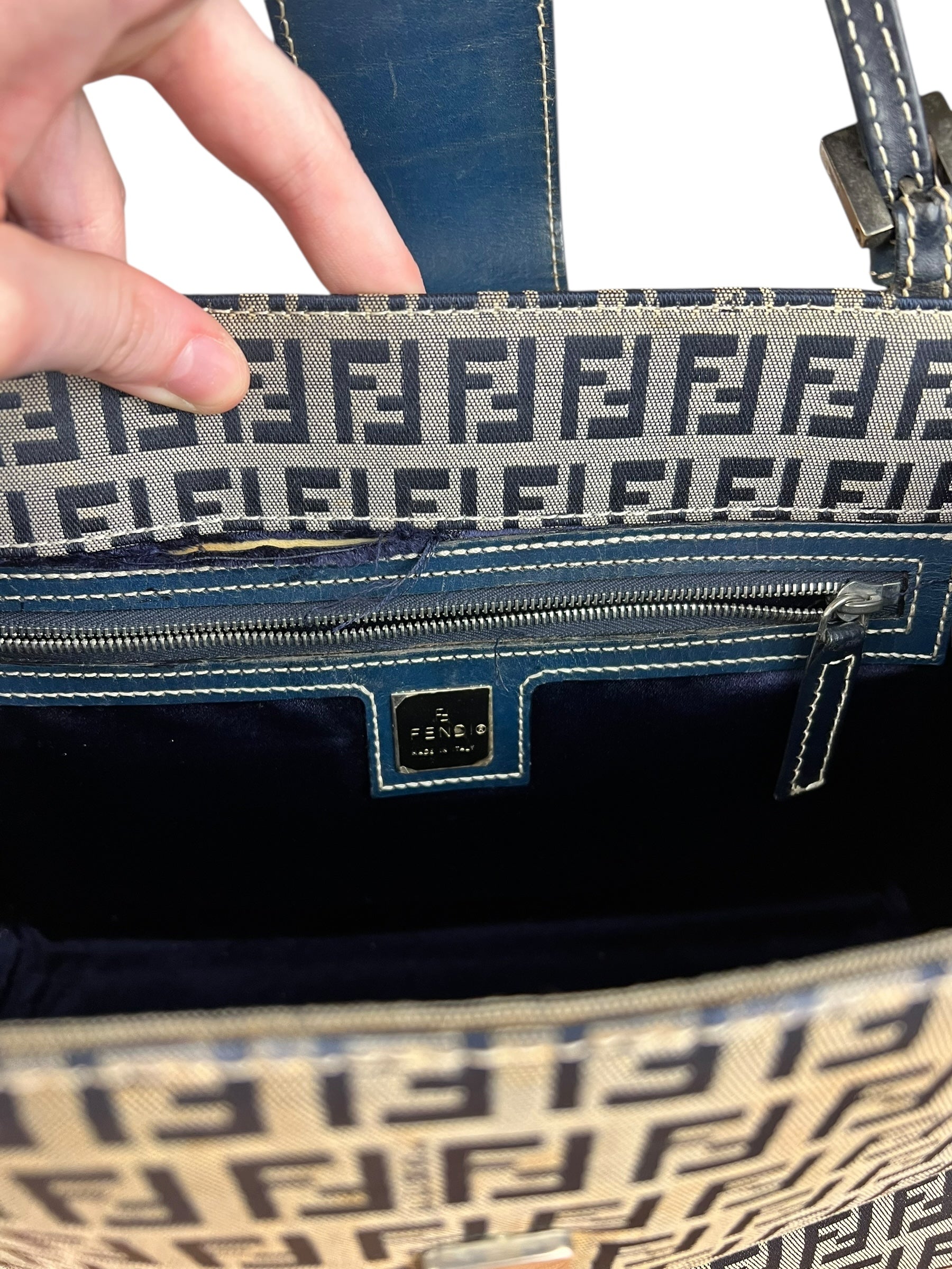 Fendi FF Buckle Navy Zucca Tote Handbag