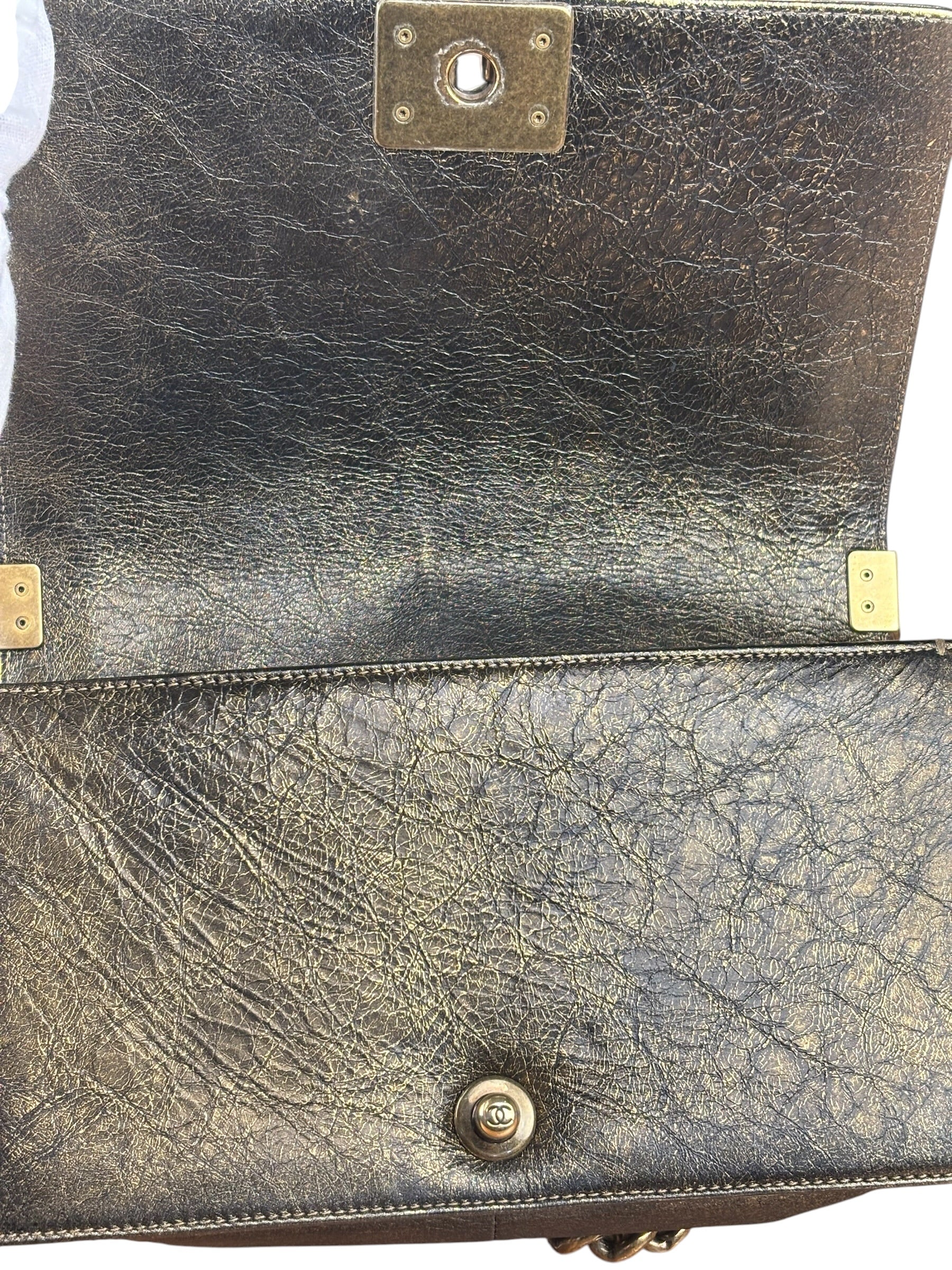 Chanel Metallic Dark Bronze Leather Old Medium Boy Flap Shoulder Bag