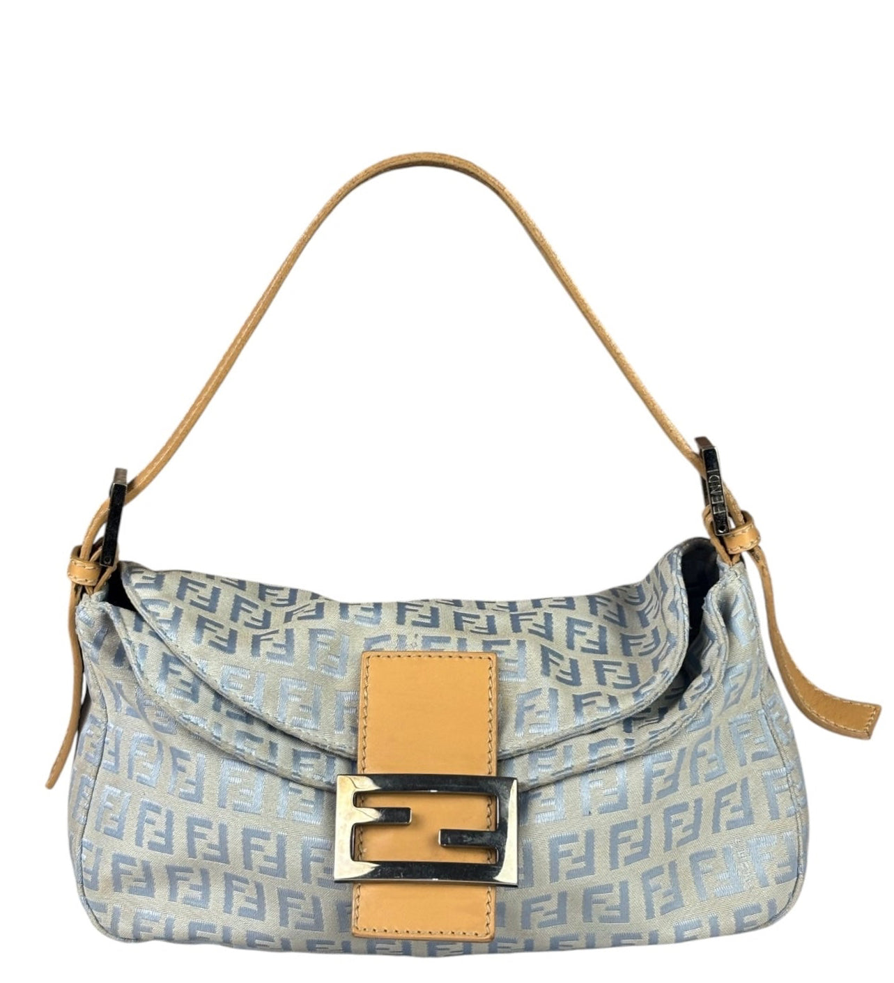Fendi Leather Light Blue Trim Zucca Baguette