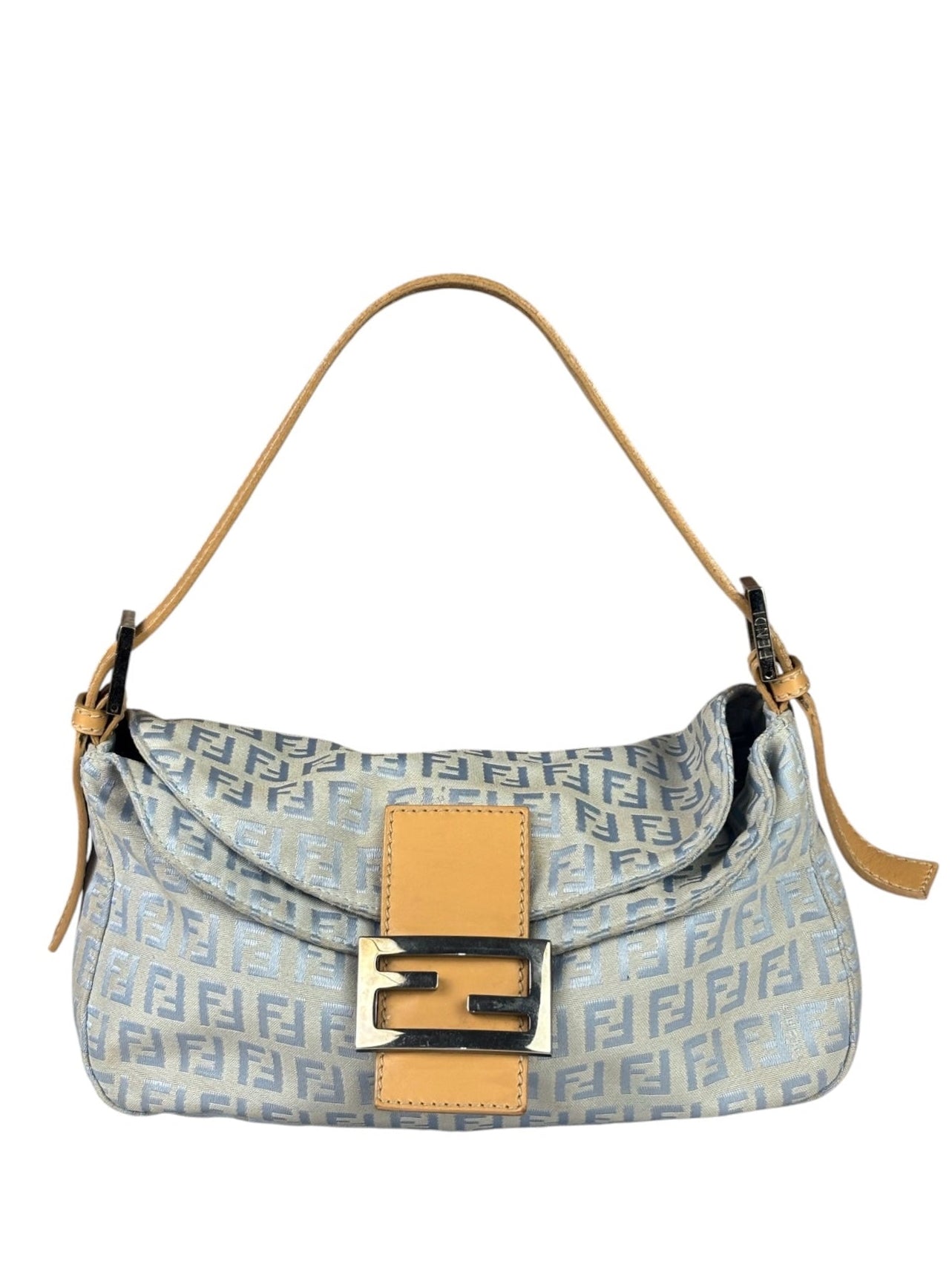 Fendi Leather Light Blue Trim Zucca Baguette