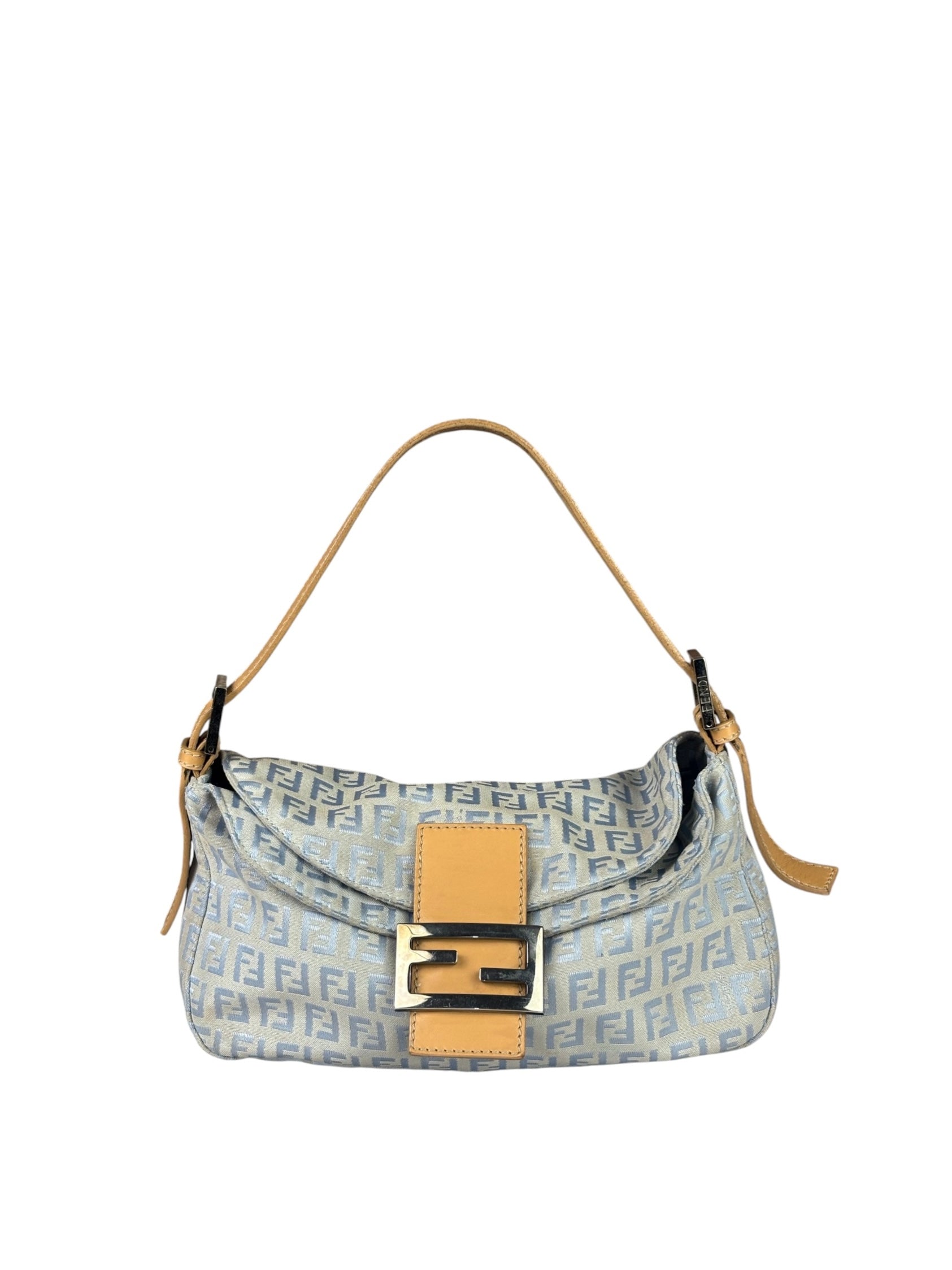 Fendi Leather Light Blue Trim Zucca Baguette