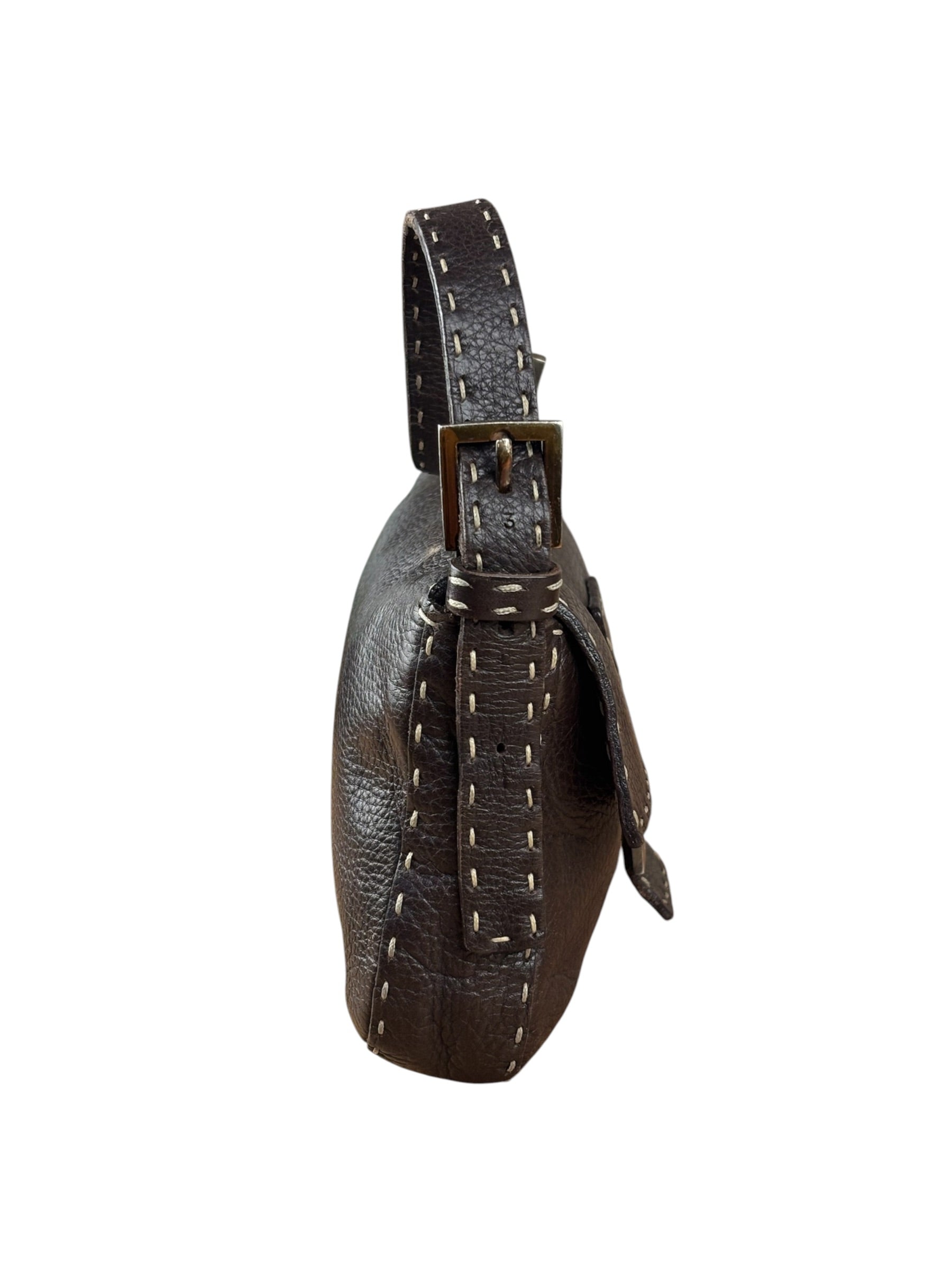 Fendi Selleria Brown Leather Stitched Baguette