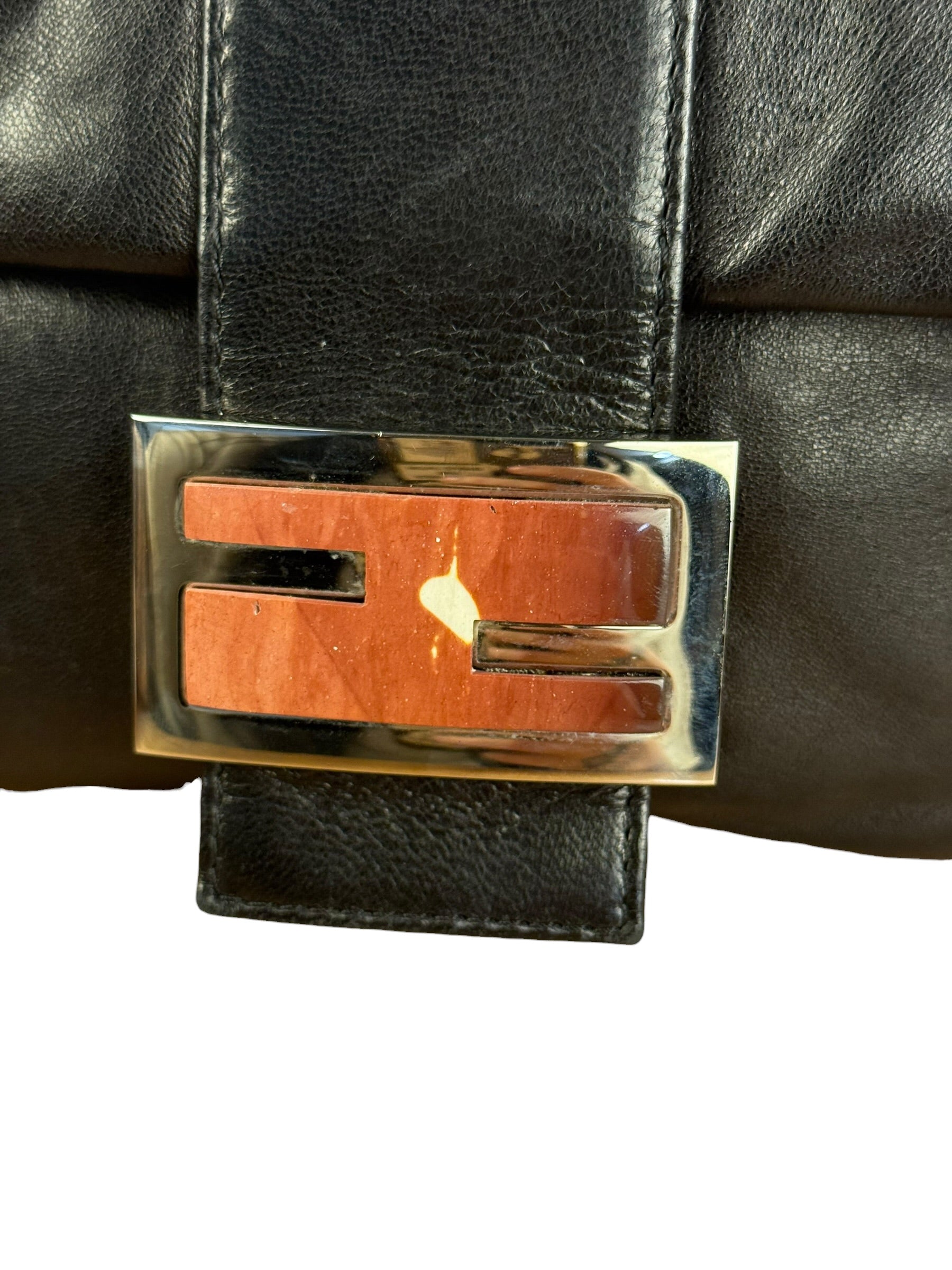 Fendi Vintage Black Leather Marble Buckle Baguette