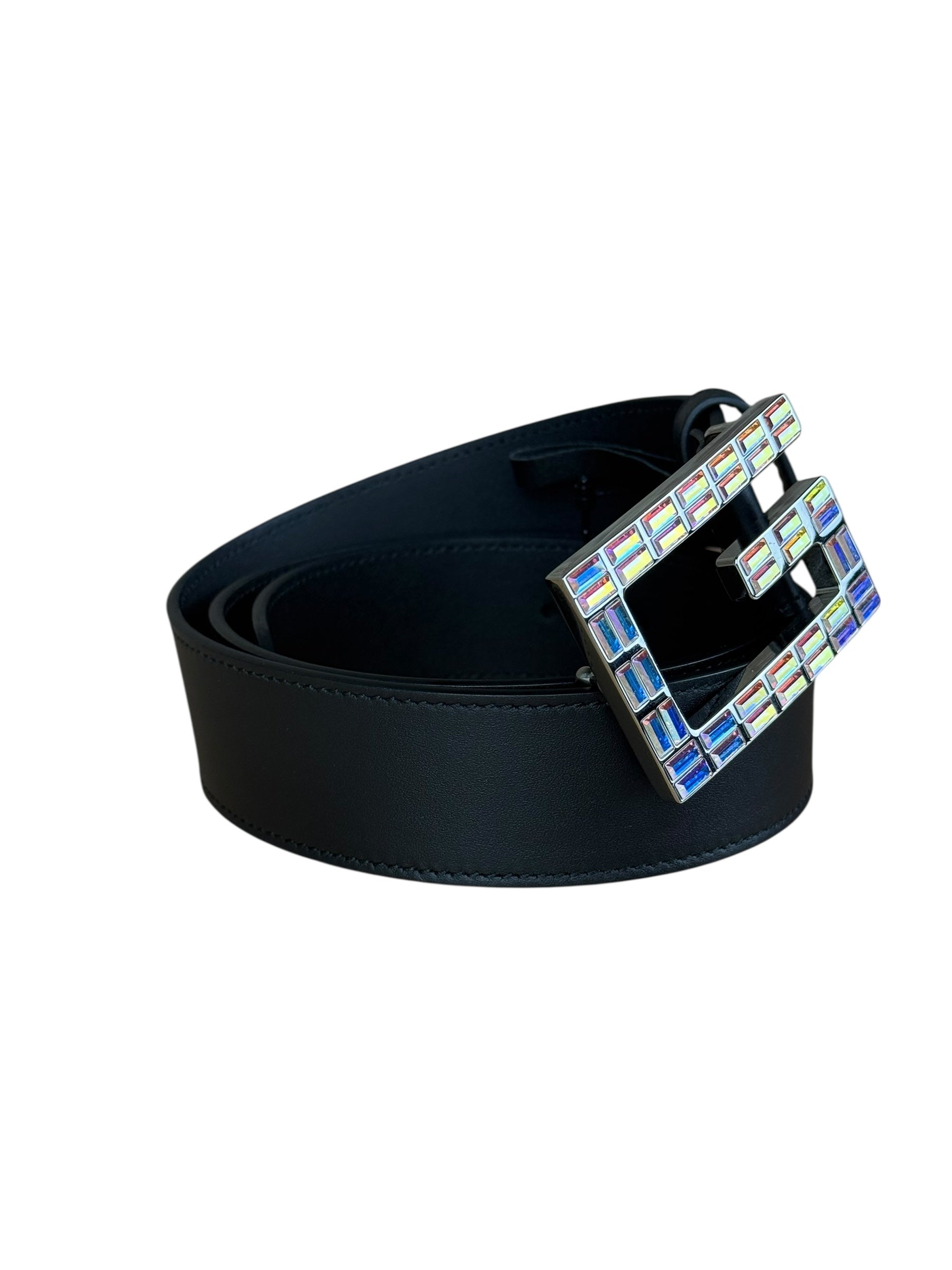 Gucci Black Leather Crystal Logo Belt