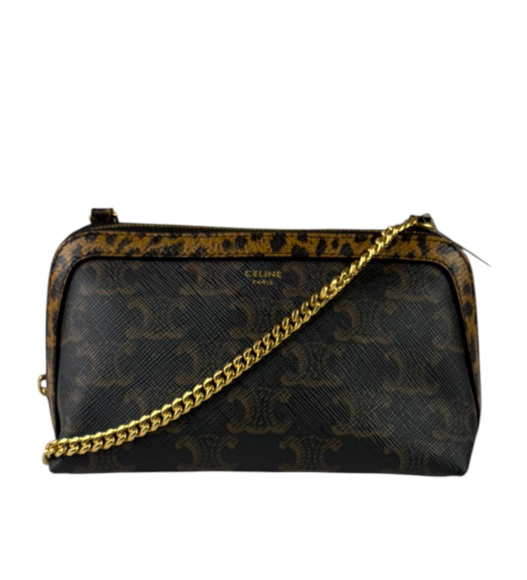 Celine Leopard Print-Trimmed Triomphe Chain Bag