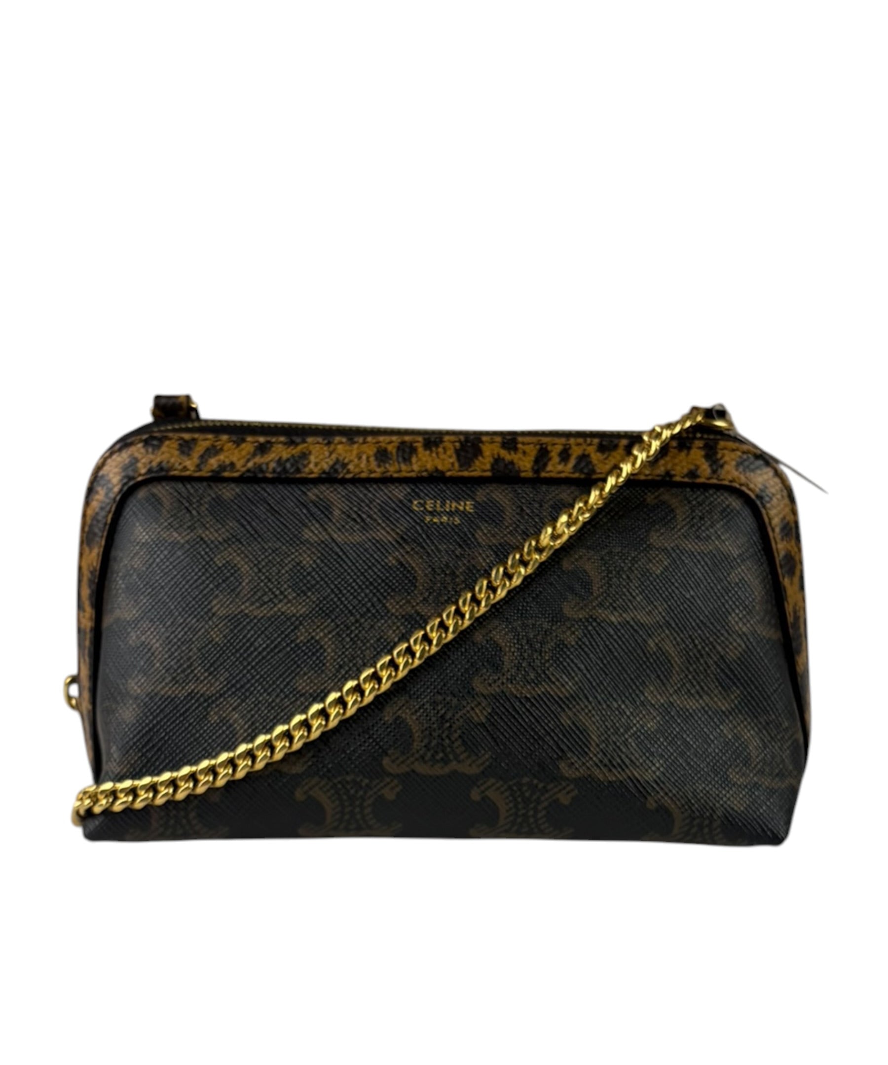 Celine Leopard Print-Trimmed Triomphe Chain Bag