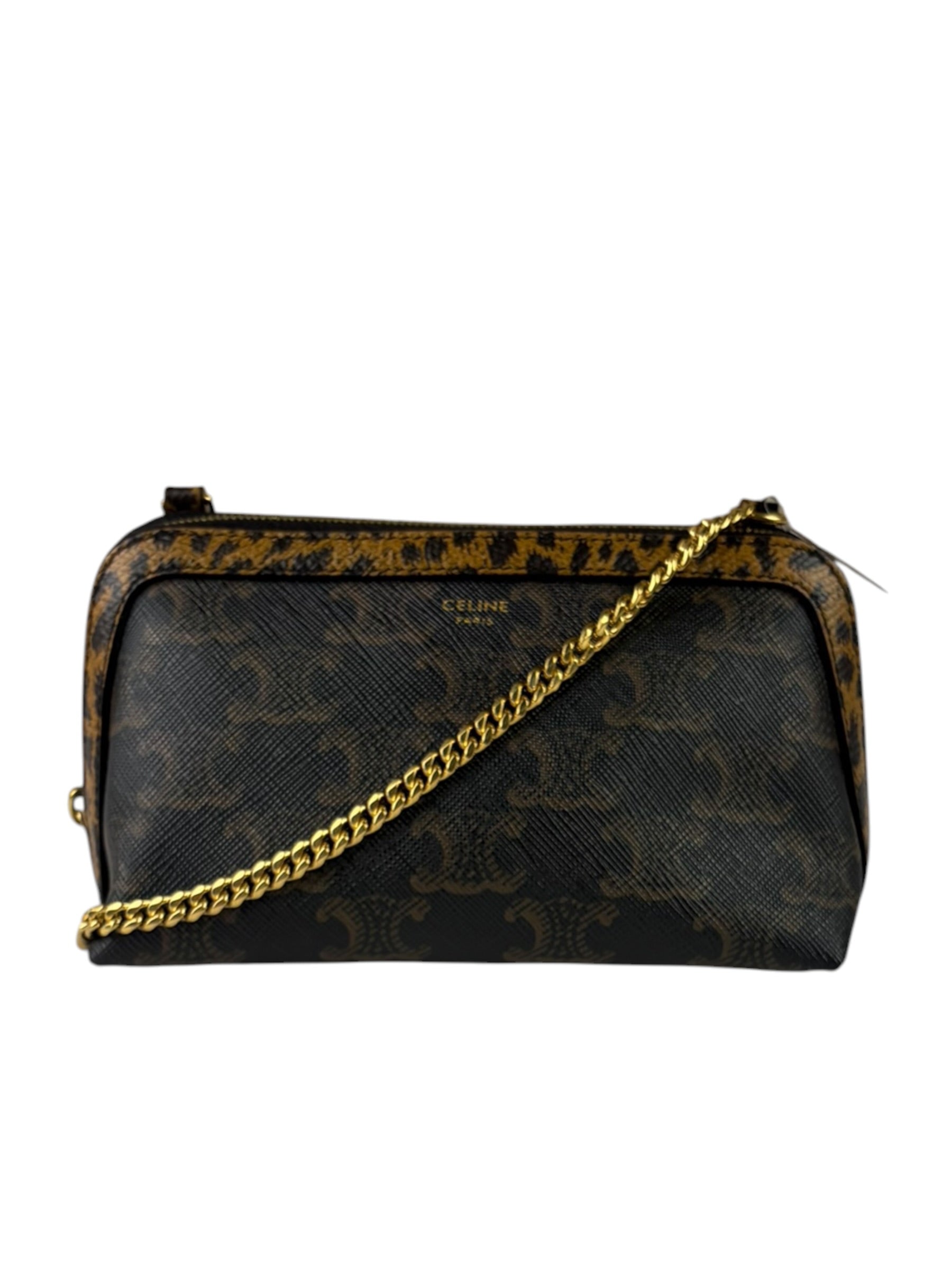 Celine Leopard Print-Trimmed Triomphe Chain Bag