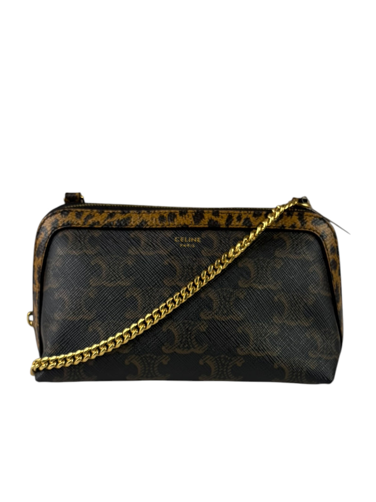 Celine Leopard Print-Trimmed Triomphe Chain Bag