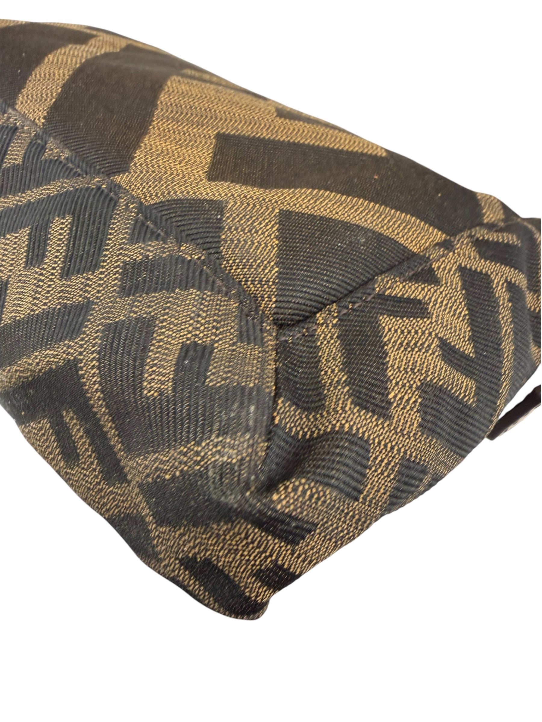 Fendi Vintage Brown Leather Trim Zucca Whipstitch XL Baguette