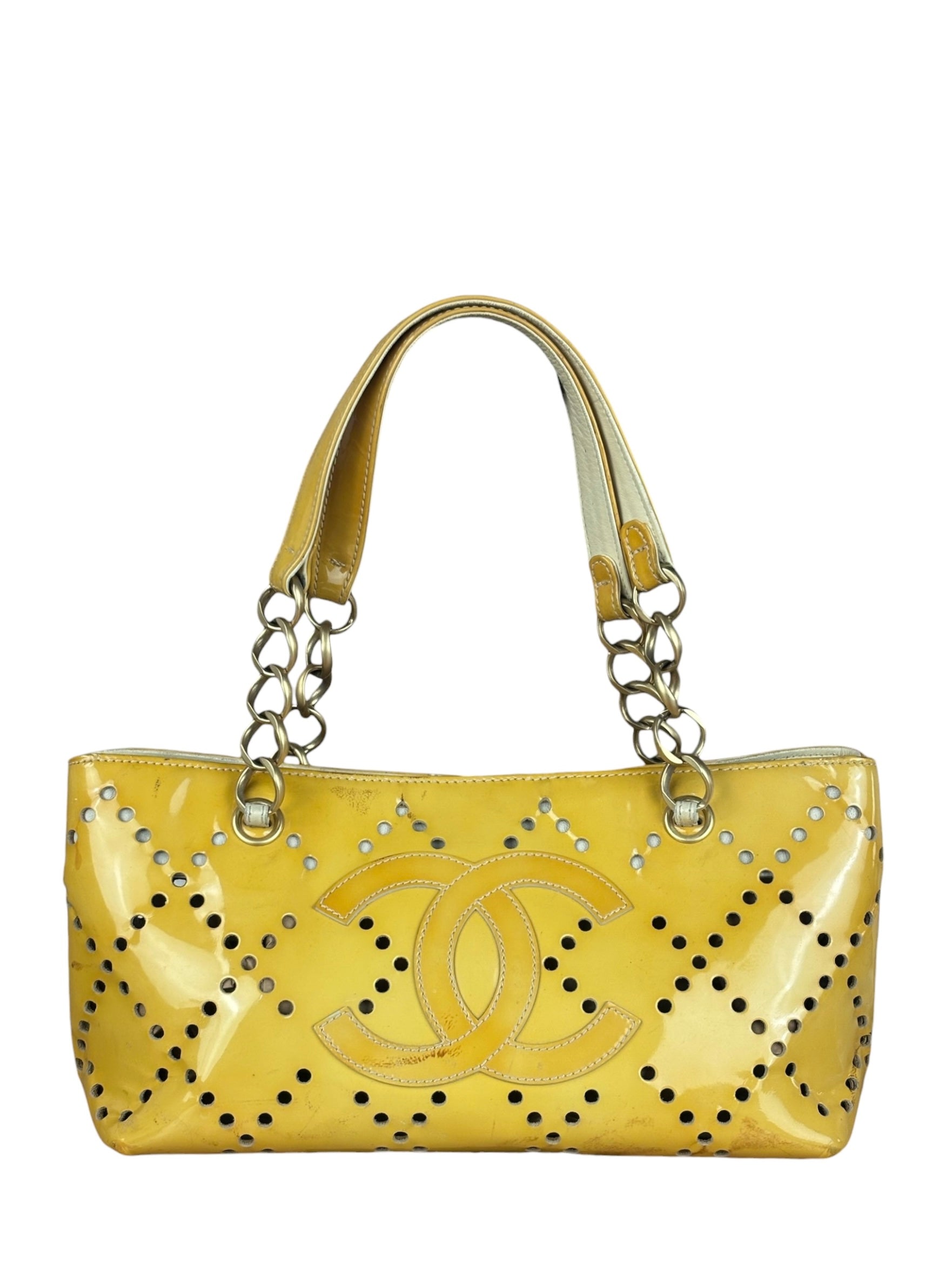 Chanel Vintage Yellow Patent Leather Perforated Tote Bag 1987