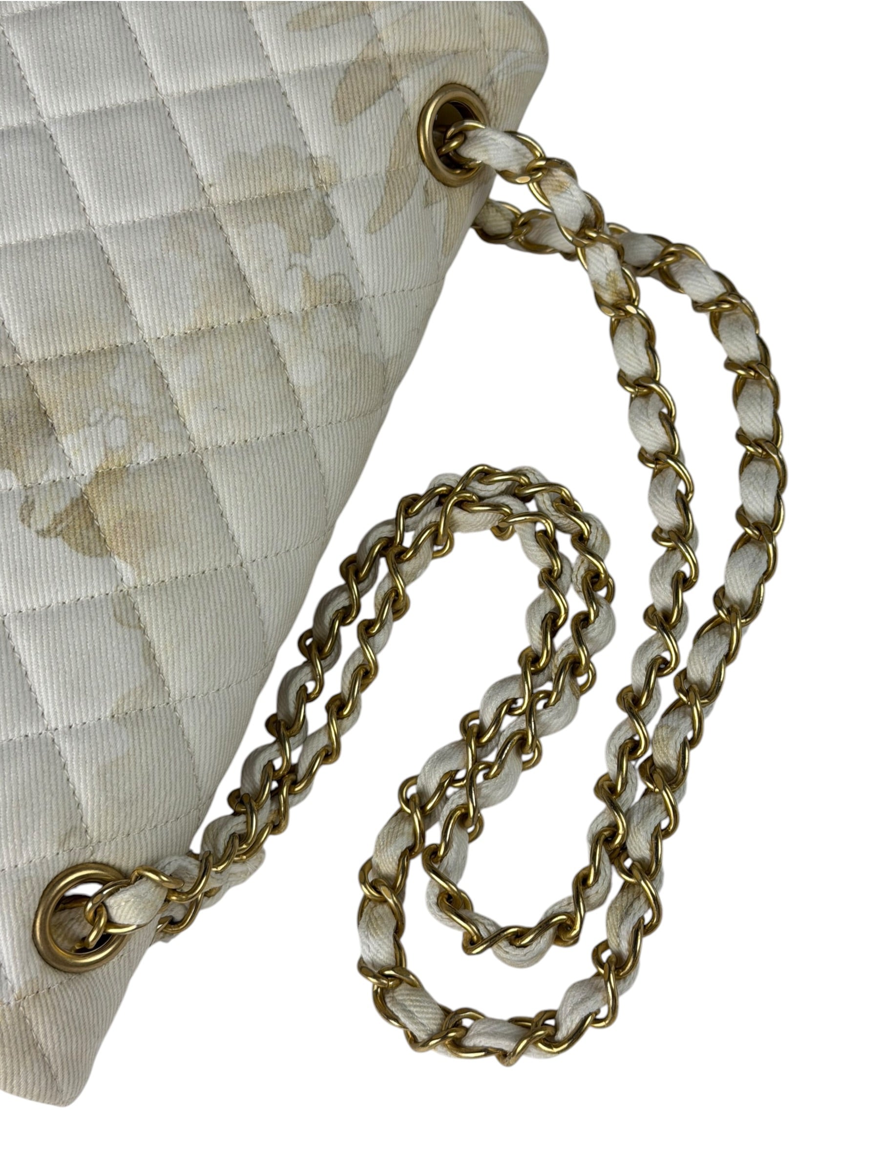 Chanel White Denim/Leather Trim Greek Collection Flower Double Flap Bag 2018