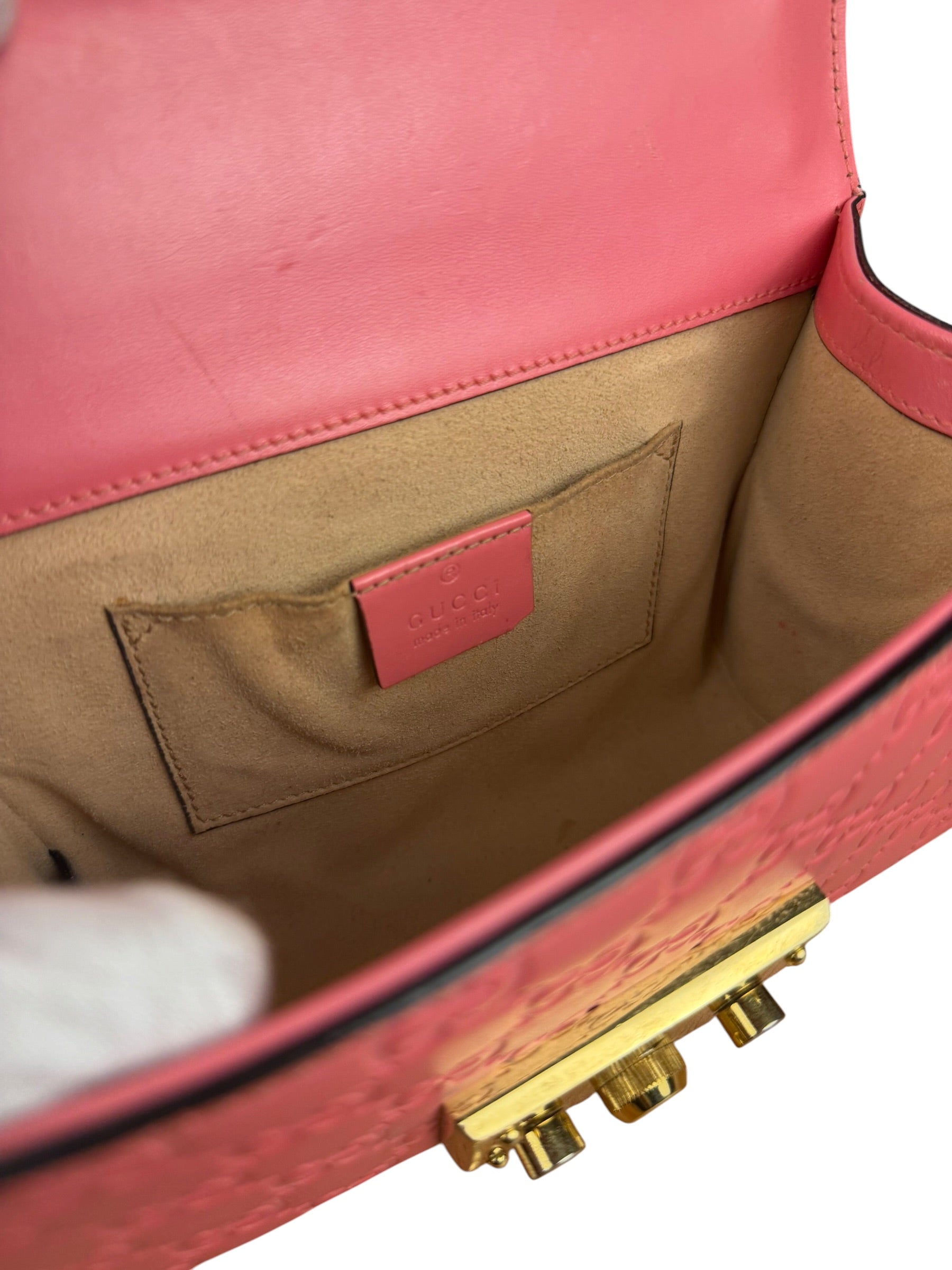 Gucci GG Pink Embossed Leather Small Padlock Chain Bag