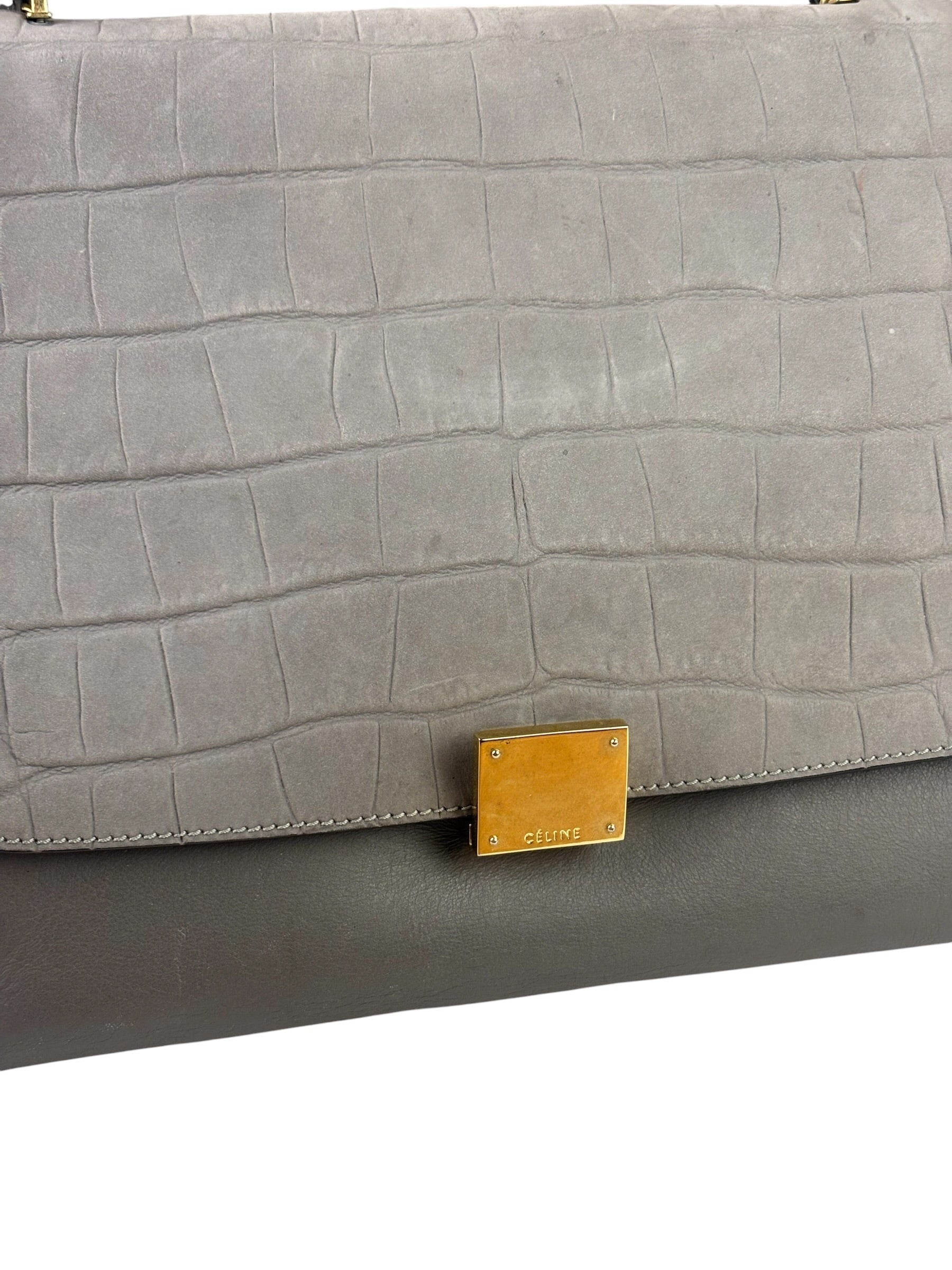 Celine Grey Suede/Leather Crocodile Embossed Trapeze Two-Way Bag