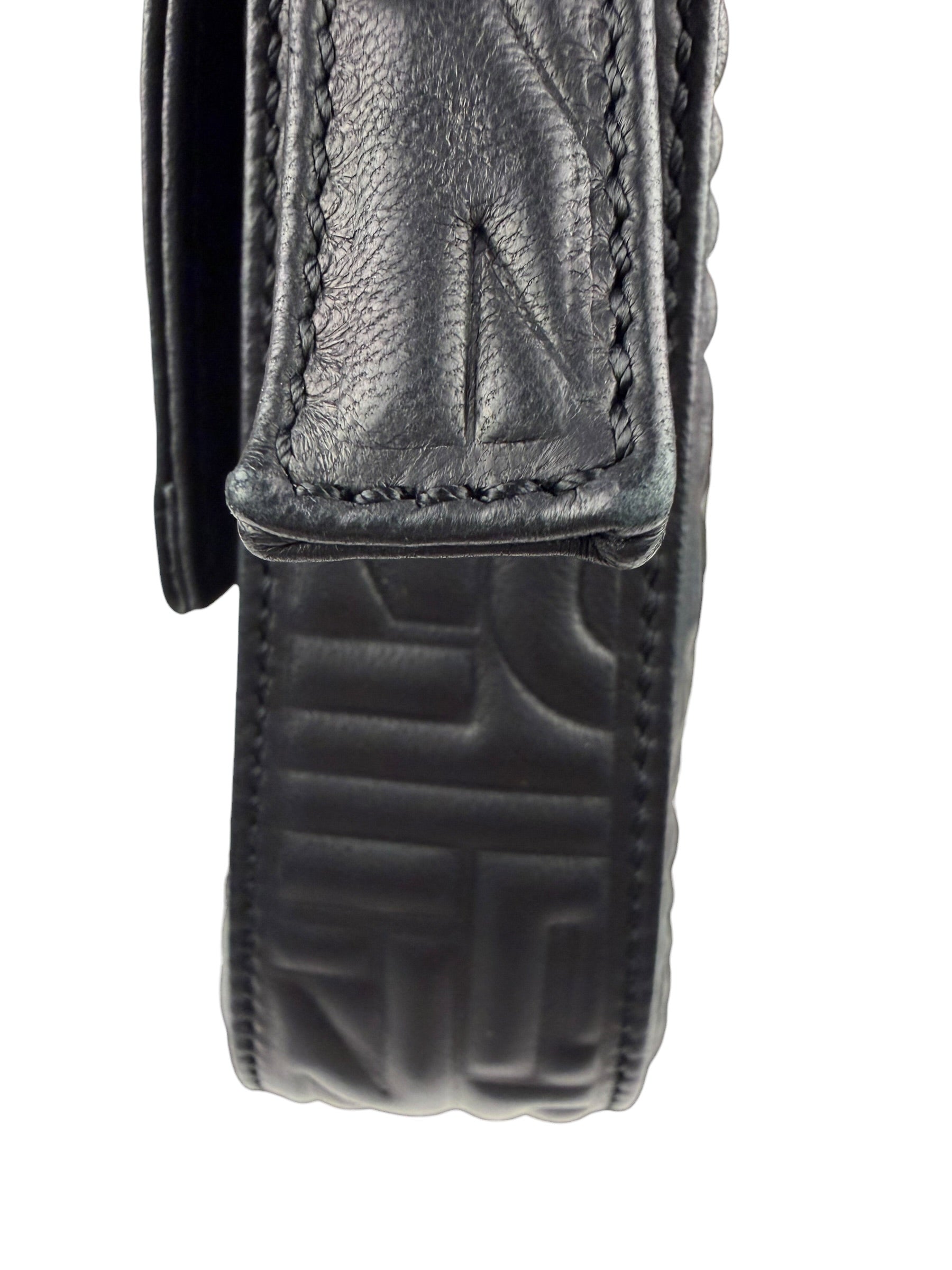 Fendi Black Leather 3D Logo Embossed Baguette