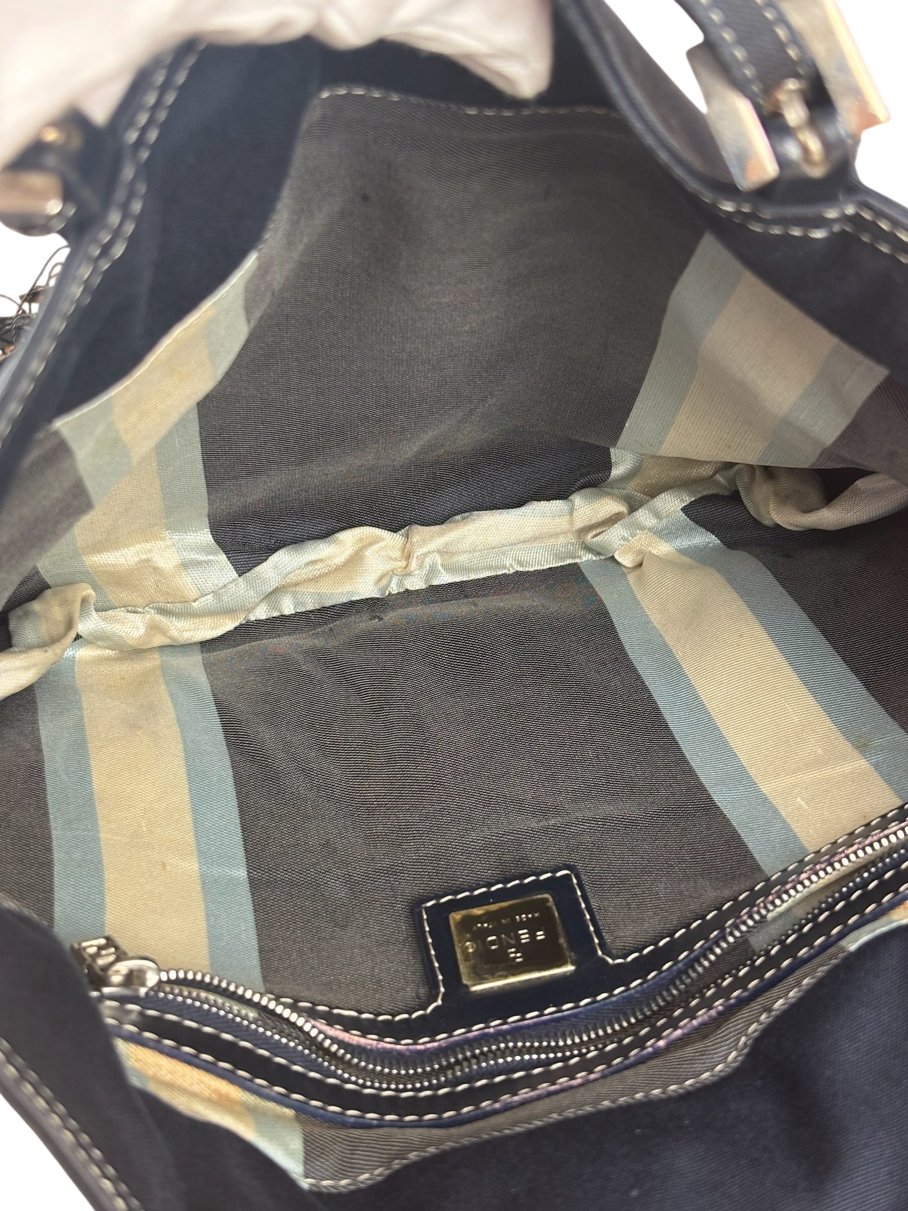 Fendi Vintage Navy Blue Leather Trim Mamma Baguette
