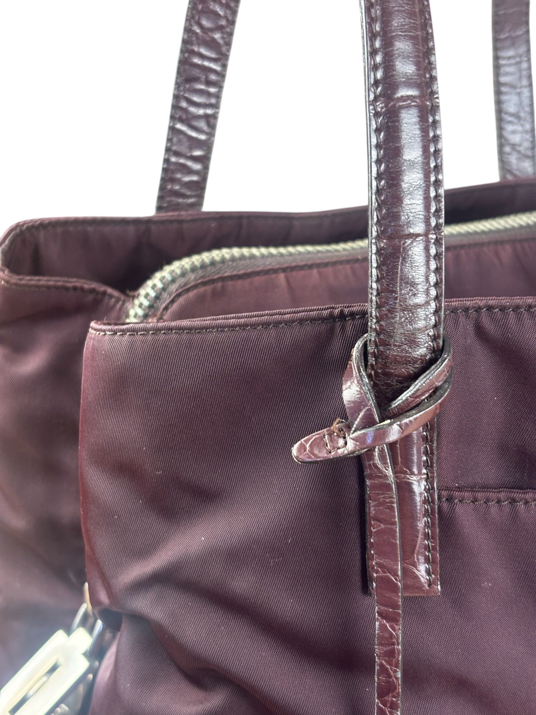 Prada Vintage Plum Nylon Leather Embossed Handbag