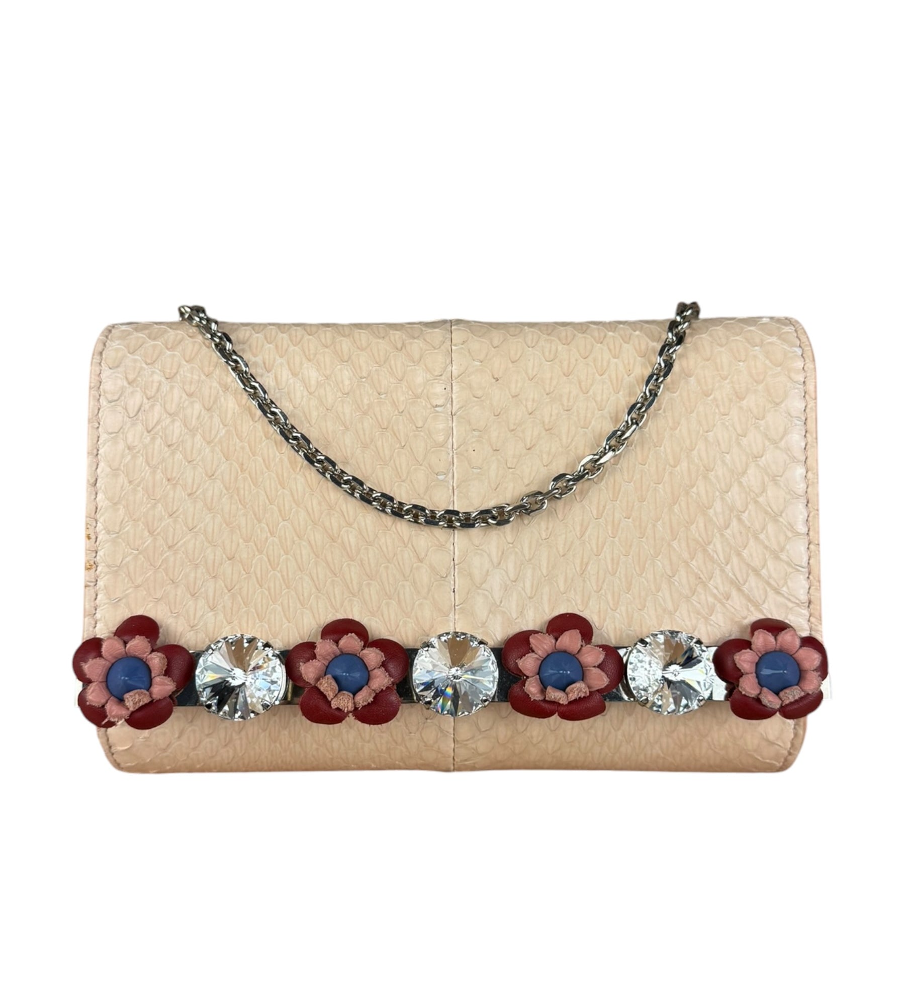 Fendi Pink Python Flower Studded Mini Chain Shoulder Bag