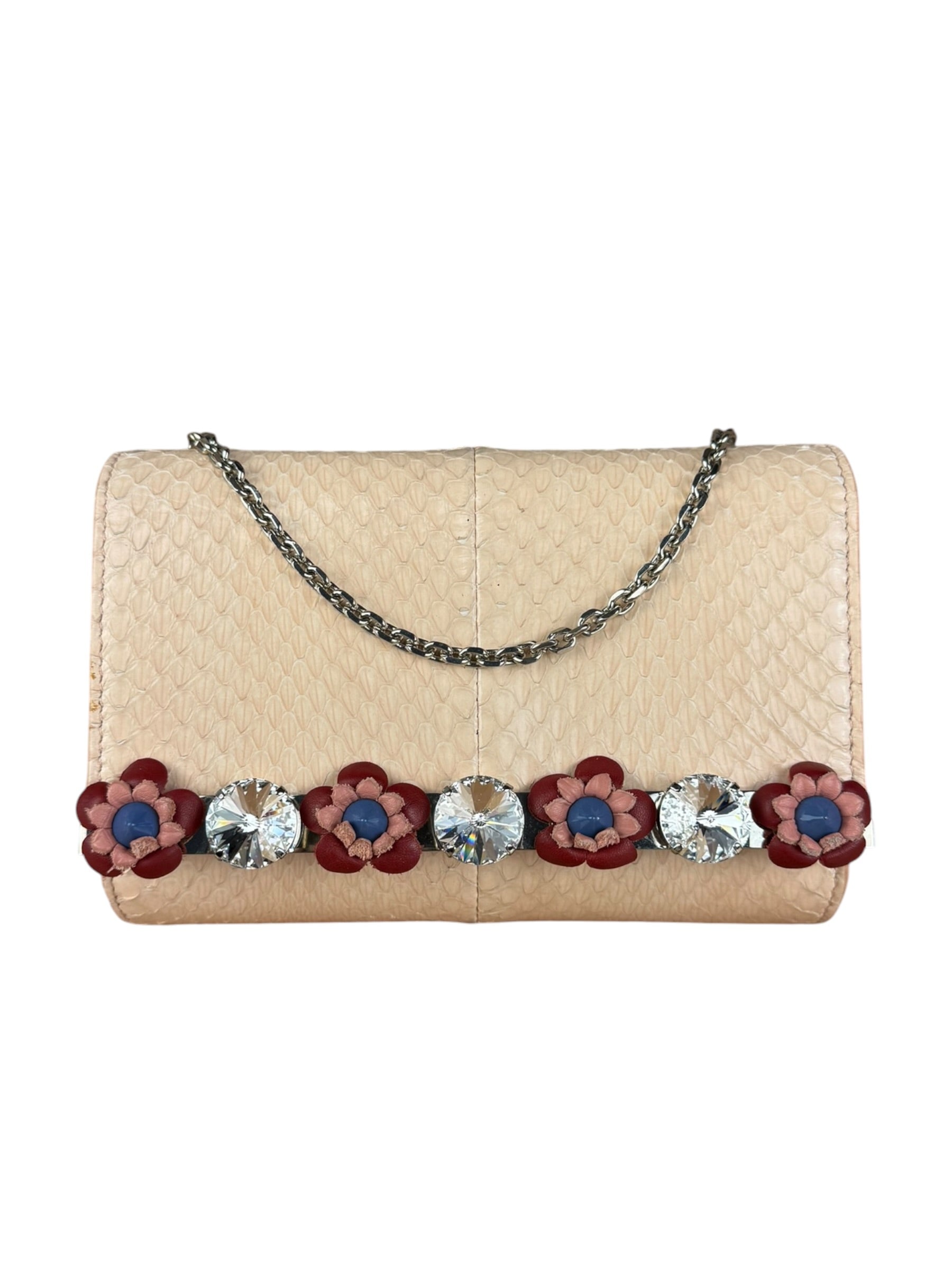 Fendi Pink Python Flower Studded Mini Chain Shoulder Bag