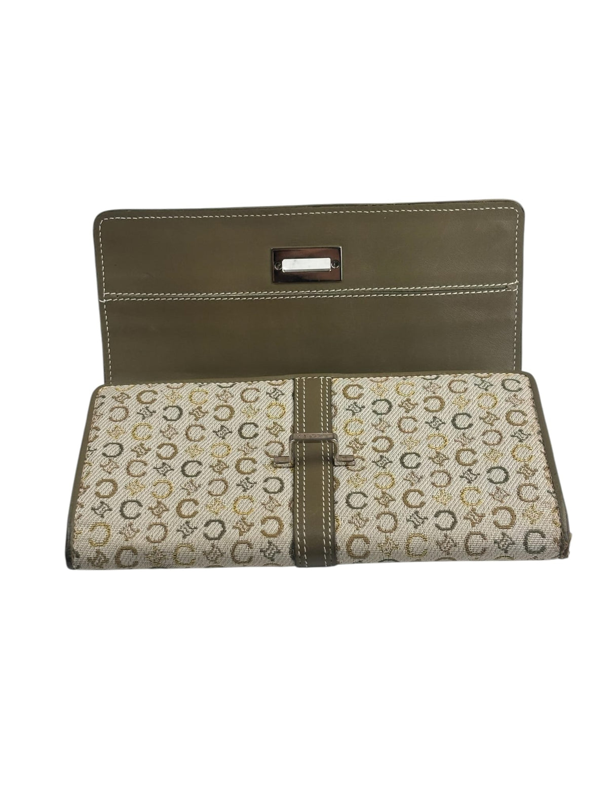 Celine Green/Beige Leather Trim Macadam Flap Wallet