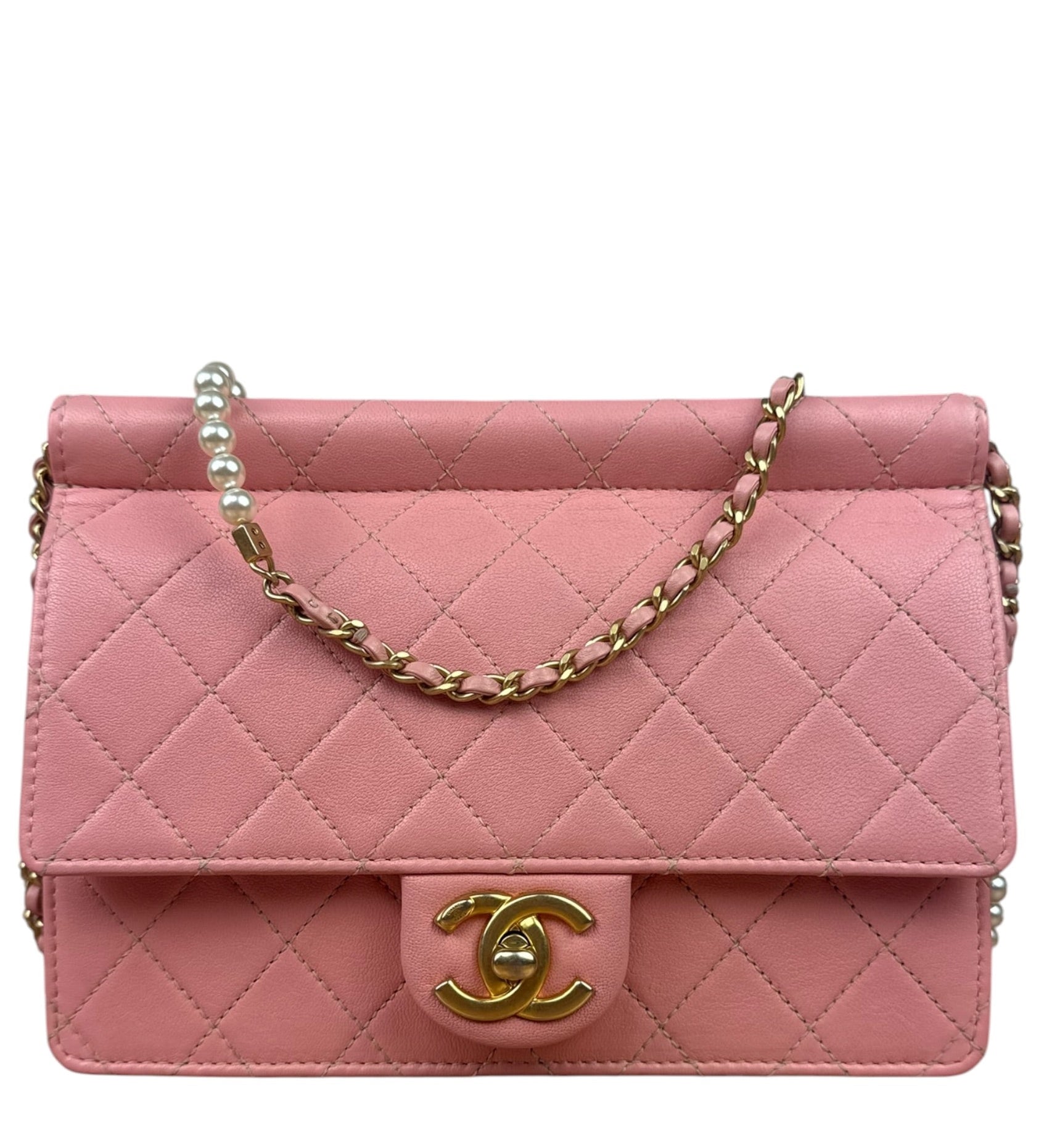 Chanel Pink Quilted Leather Pearl Chain Flap Bag 2019