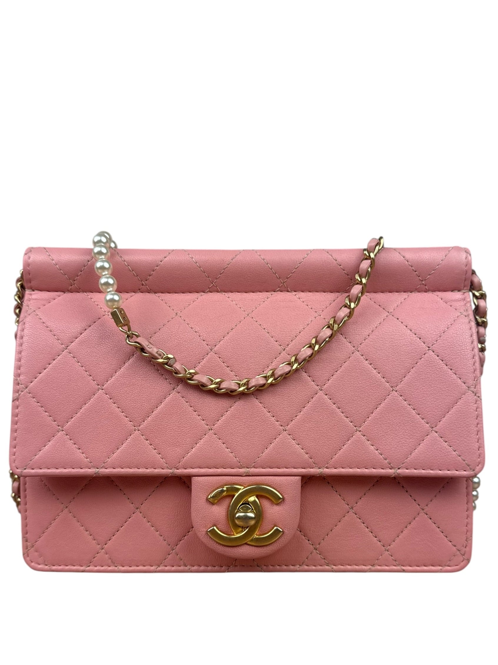 Chanel Pink Quilted Leather Pearl Chain Flap Bag 2019