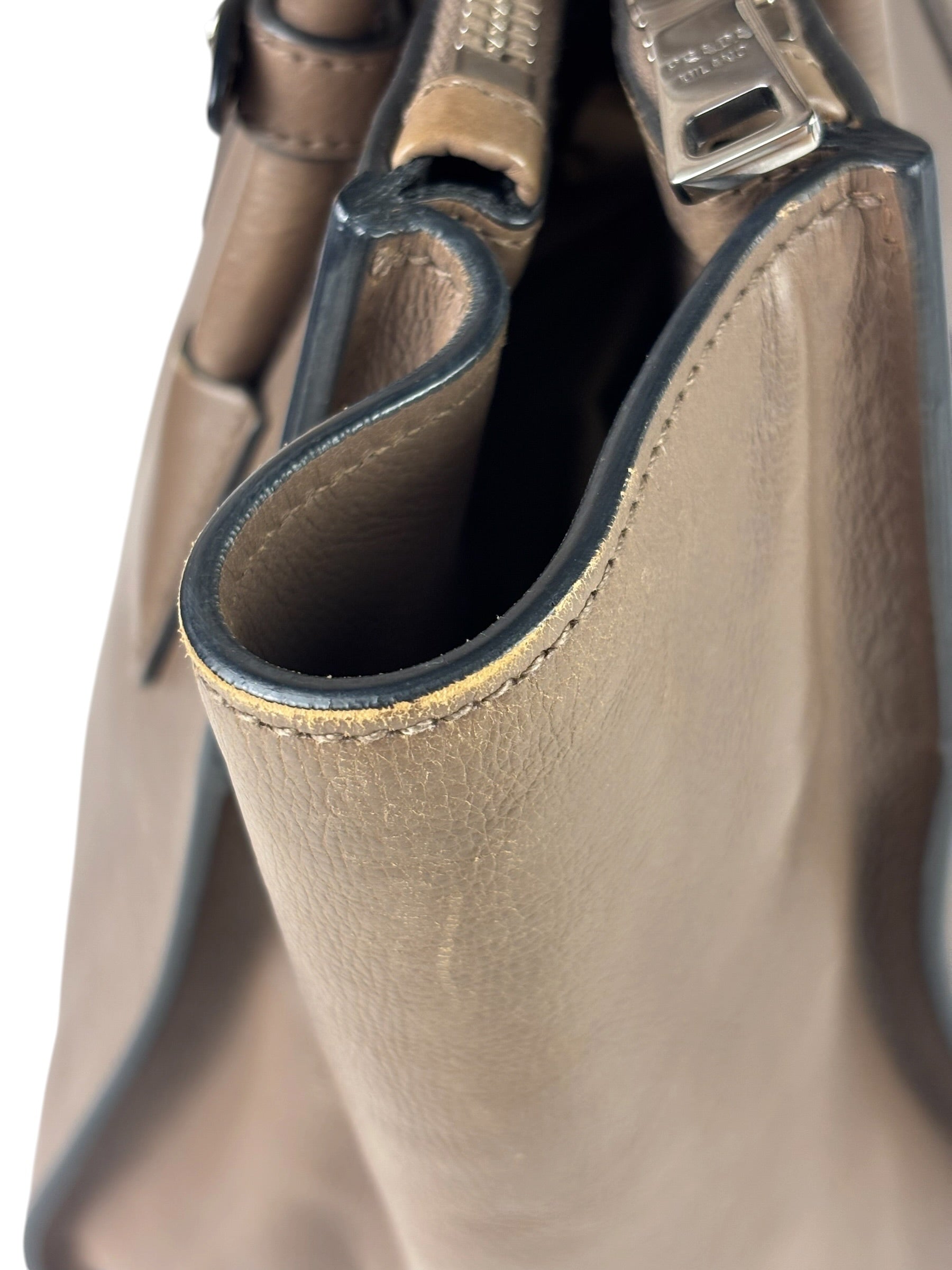 Prada Neutral Taupe Glace Calf Twin Pocket Two-Way Tote