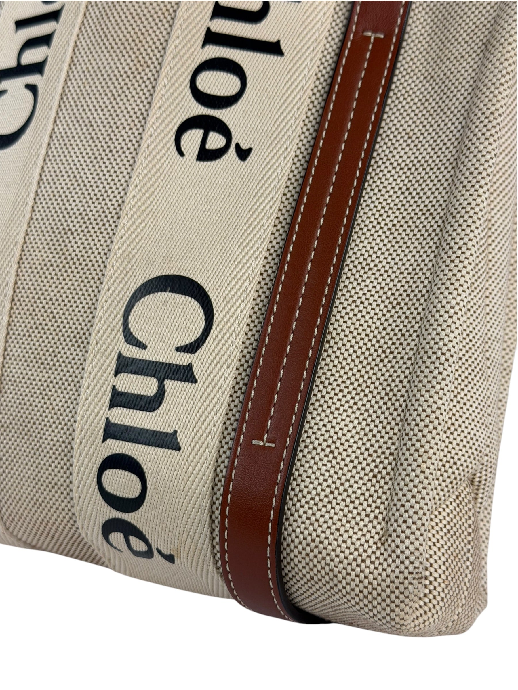 Chloe Brown Leather Trim/Linen Canvas Woody Small Tote