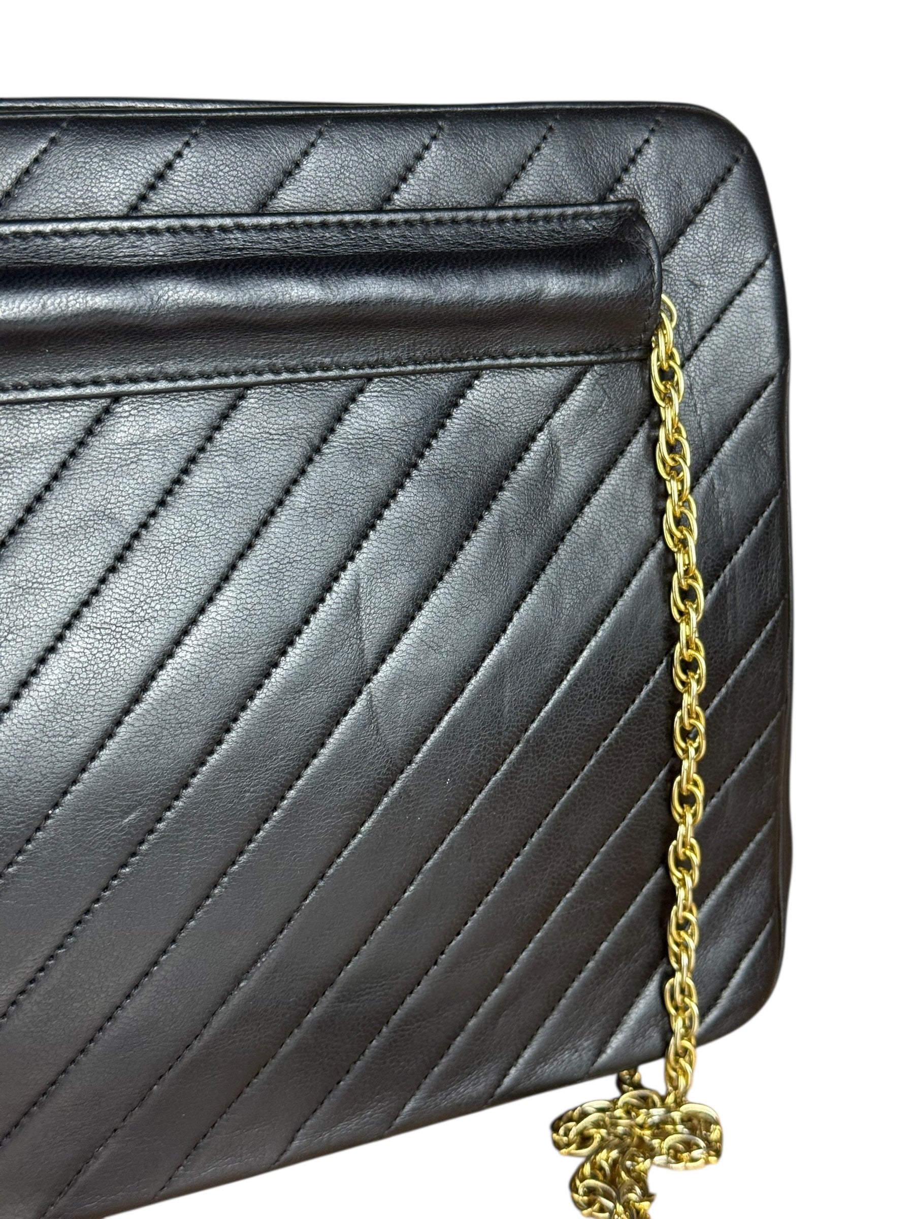 Chanel Vintage Black Chevron Leather Chain Bag