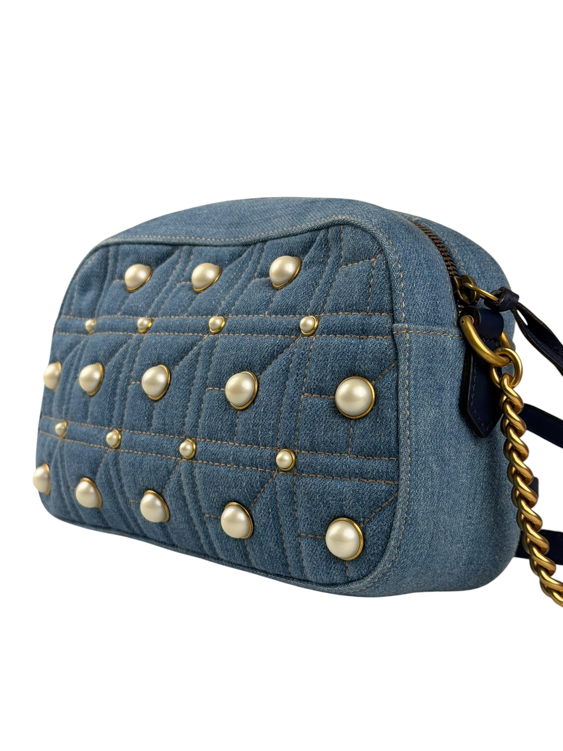 Gucci Blue Denim GG Marmont Pearl Camera Bag
