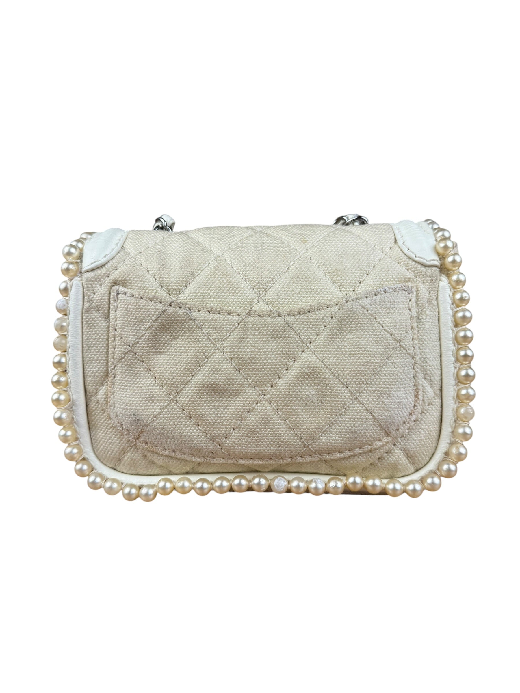 Chanel White Leather/Canvas Pearl Crossbody Flap 2003