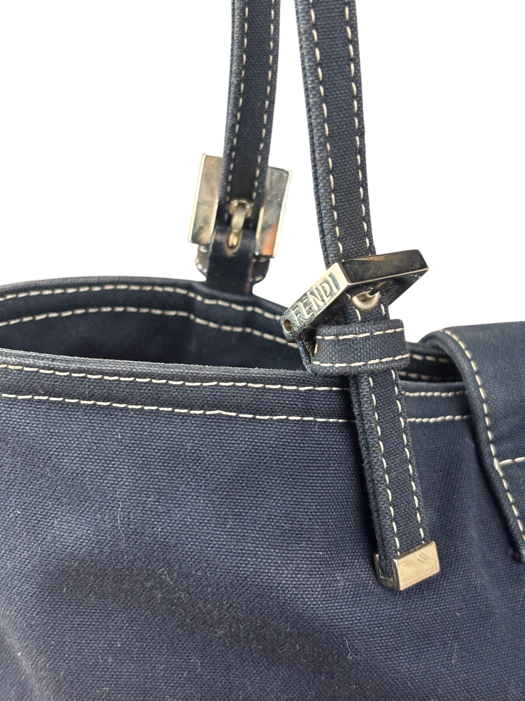 Fendi Vintage Navy Blue Leather Trim Mamma Baguette