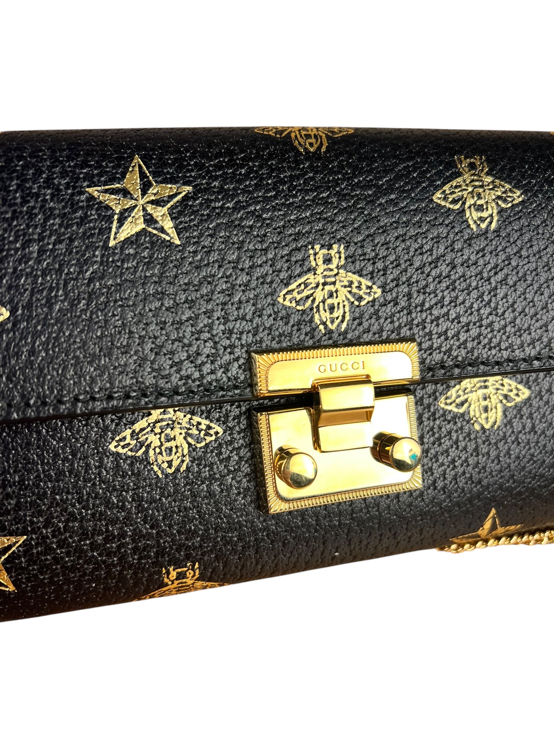 Gucci Leather Bees Padlock Continental Wallet On Chain Black