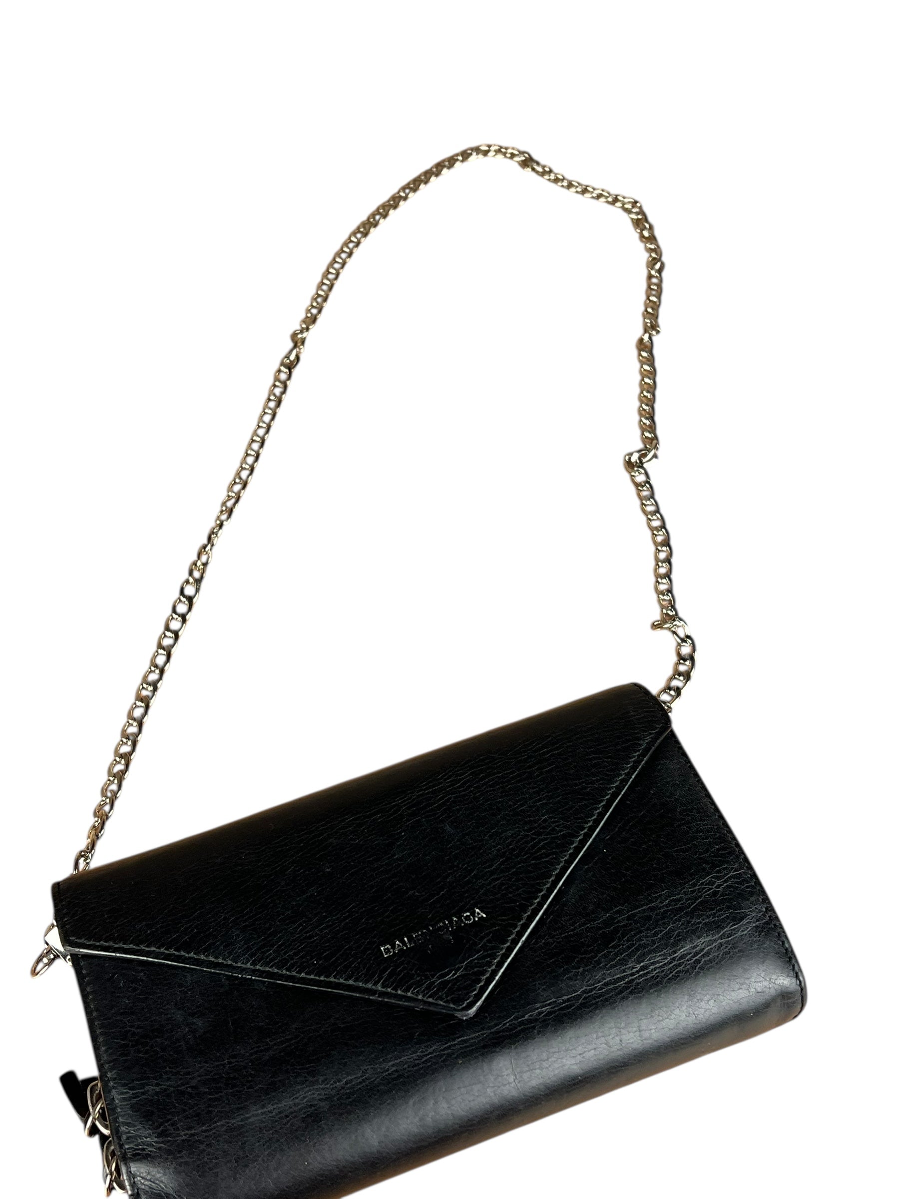 Balenciaga Black Leather Flap Wallet on Chain Bag