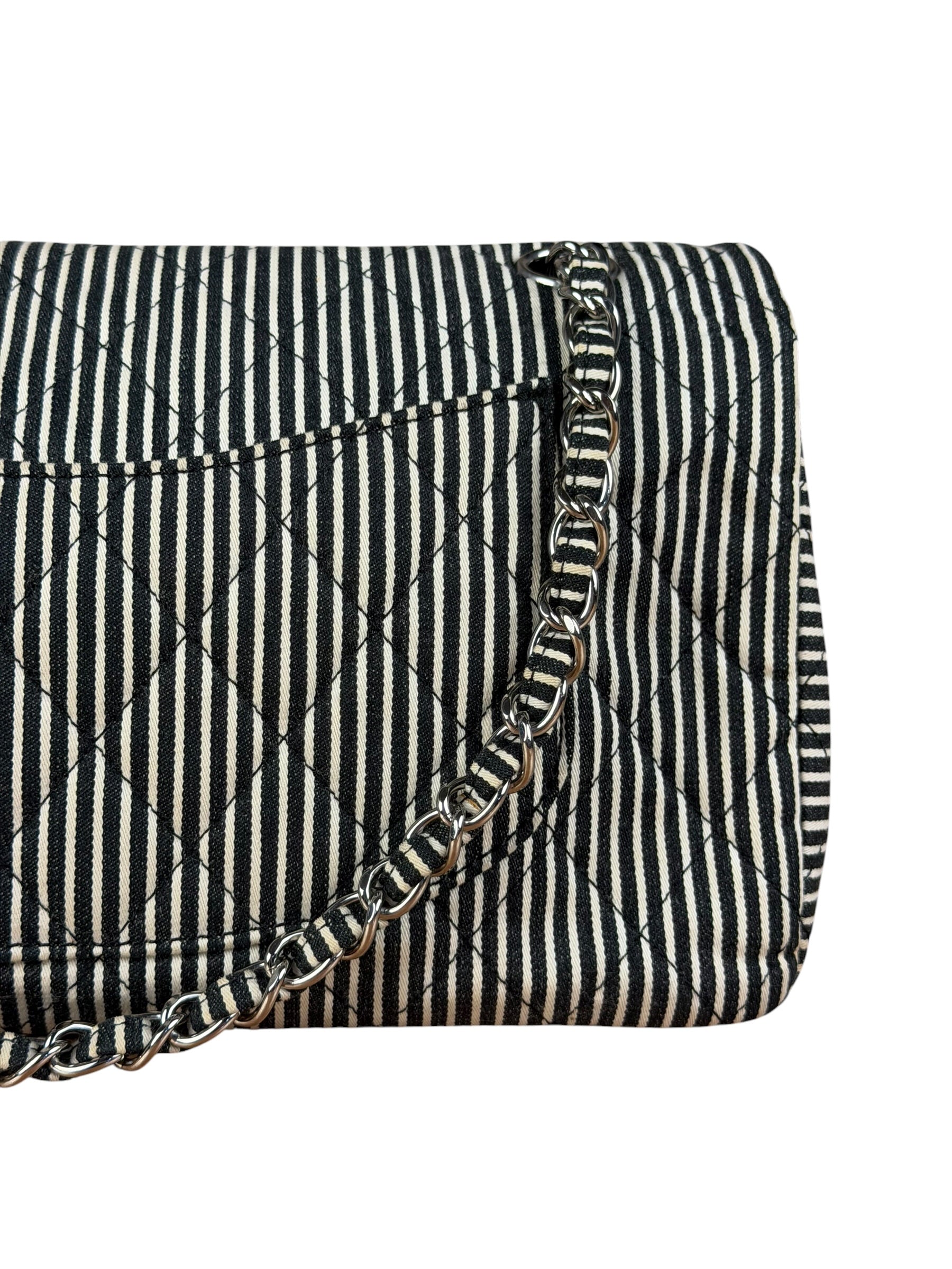 Chanel Black/White Sequin Stripped Medium Double Flap Shoulder Bag