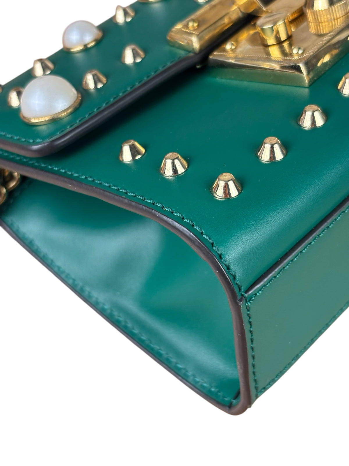 Gucci Green Leather Faux Pearls & Studs Small Padlock Bag