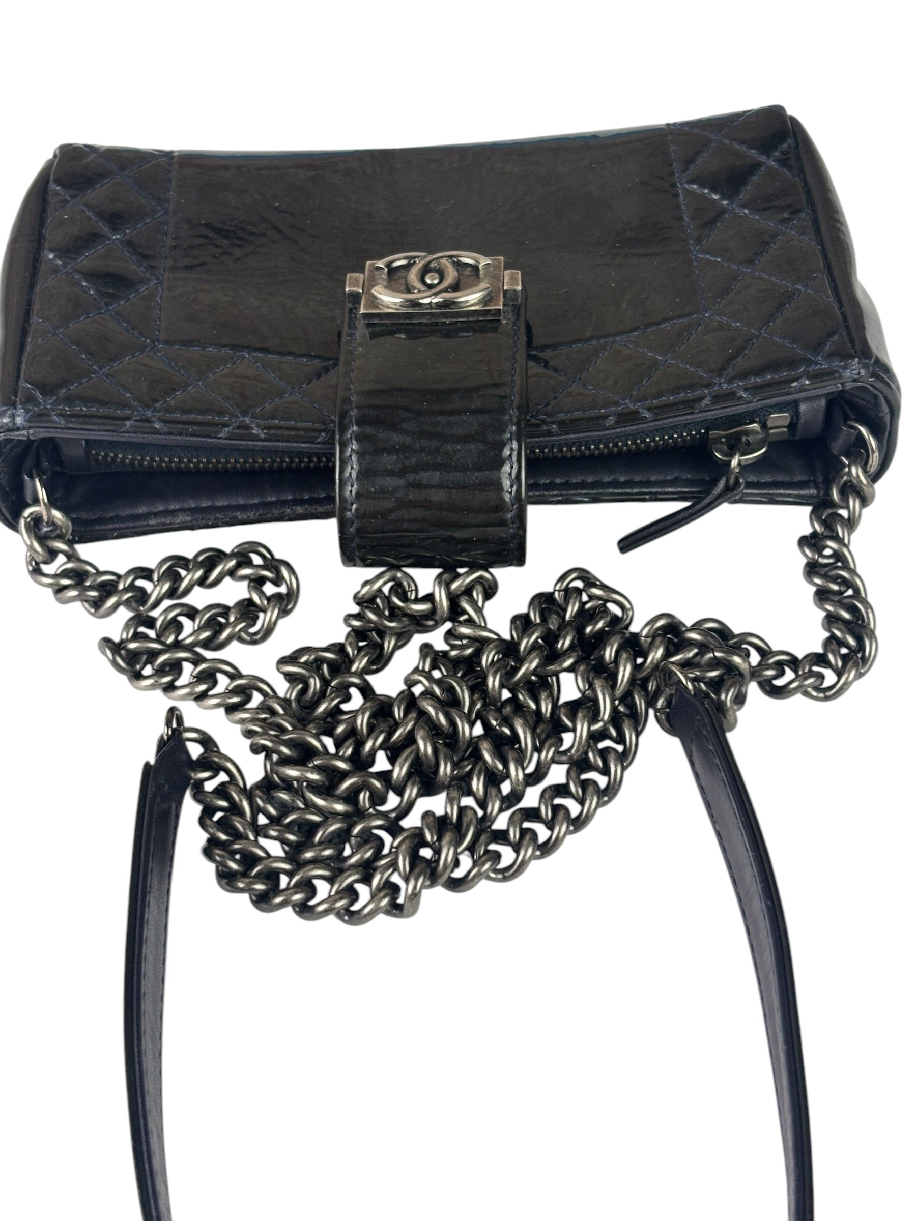 Chanel Navy Patent Leather Matelasse Chain Pouch 2013