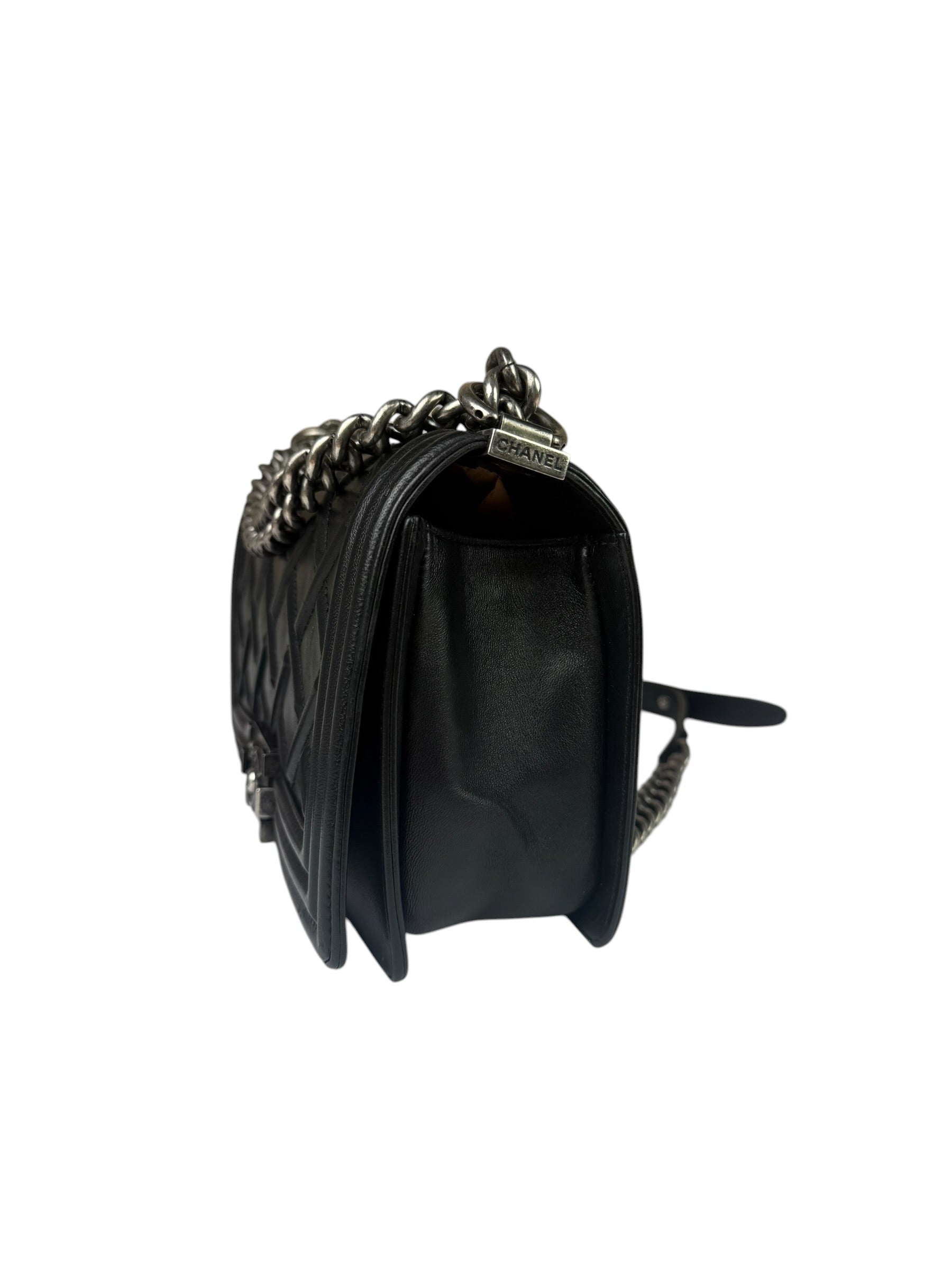 Chanel Black Leather Diamond Quilted Medium Boy Bag 2012