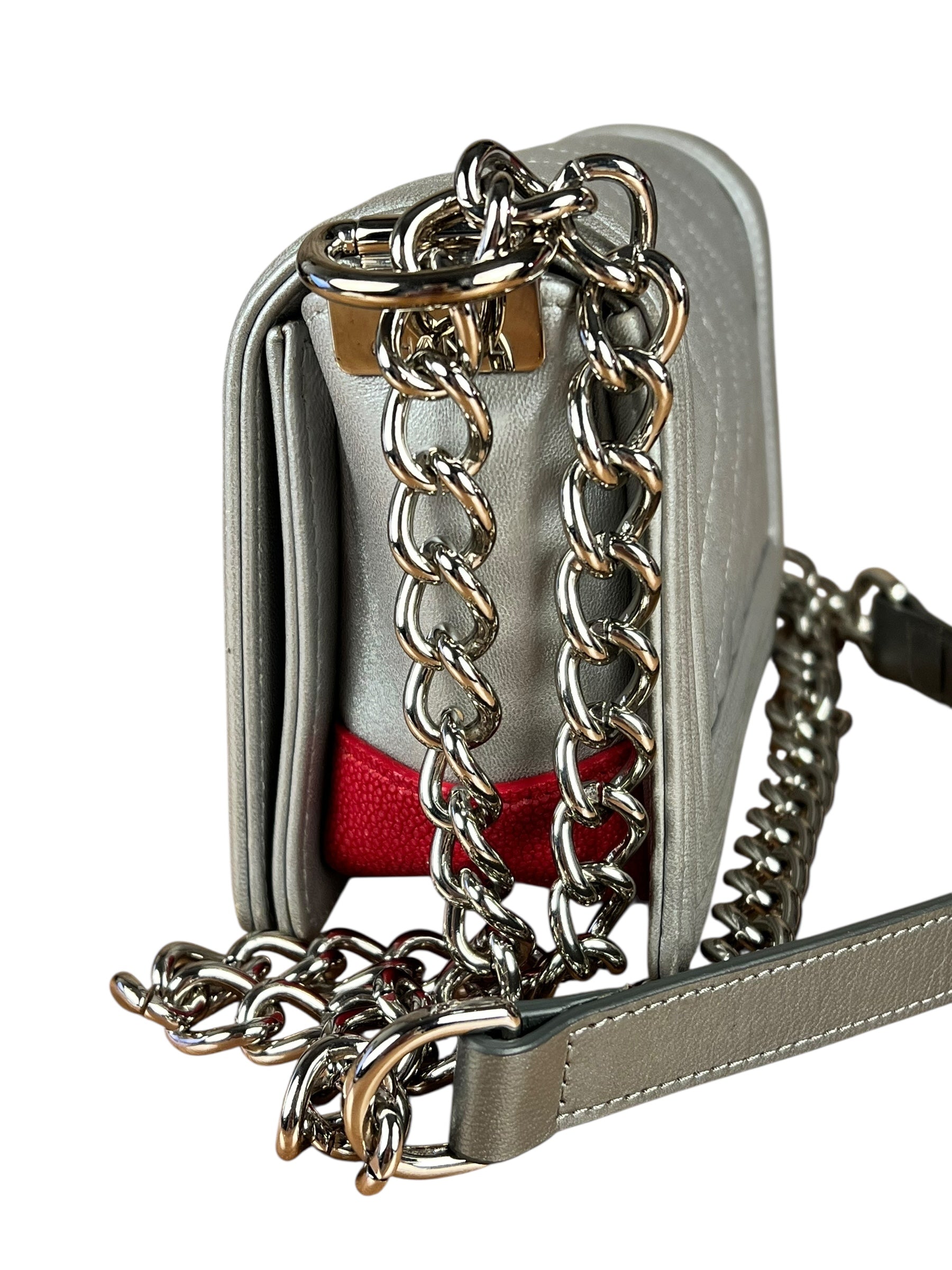 Chanel CC Silver Lambskin Quilted Boy Bag Red Stingray 2012