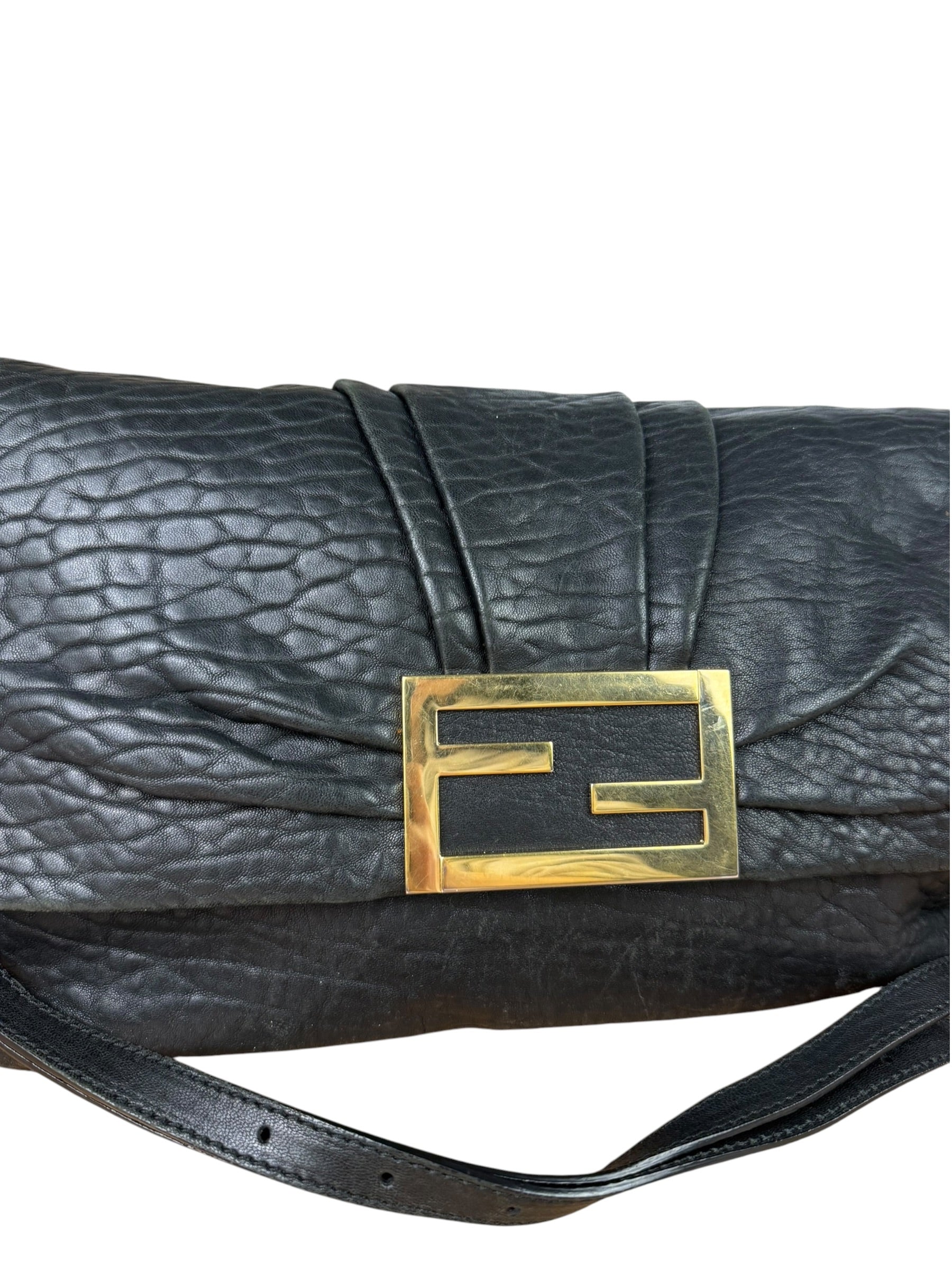 Fendi Black Pebbled Leather Mia Flap Bag
