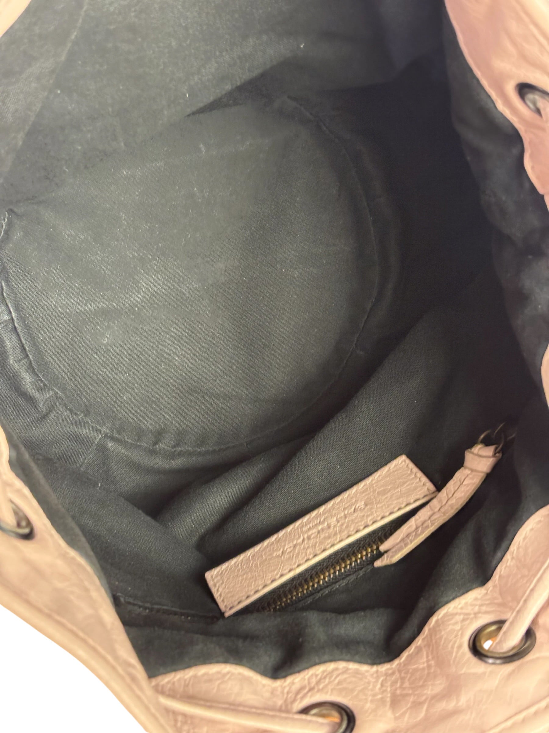 Balenciaga Baby Pink Leather Pompon Moto City 2Way Bucket Bag