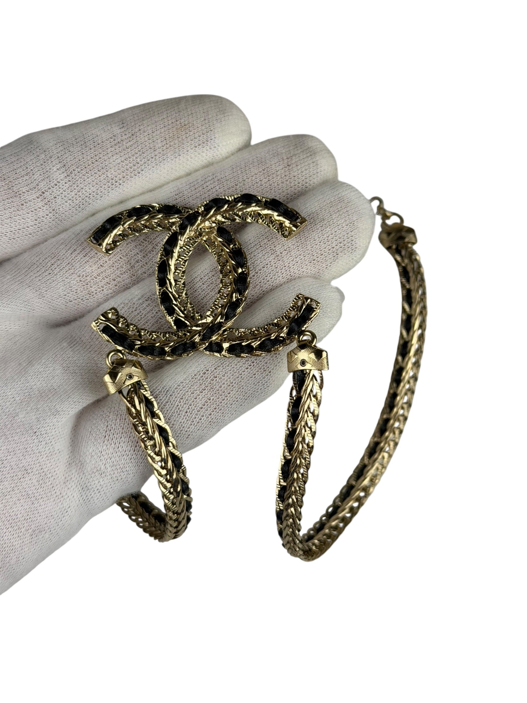 Chanel 22S Gold Metal/Black Leather Pendant Necklace