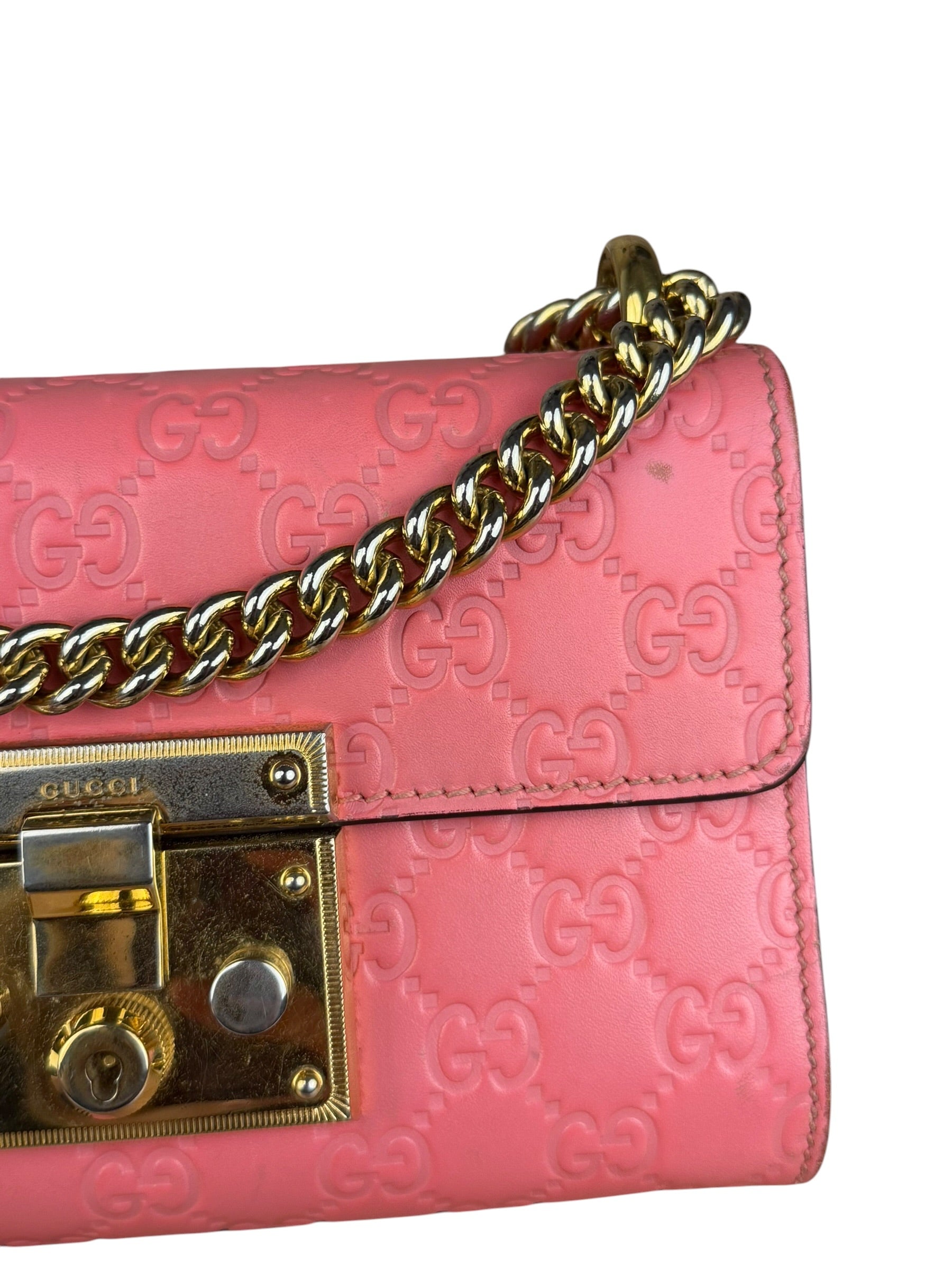 Gucci GG Pink Embossed Leather Small Padlock Chain Bag