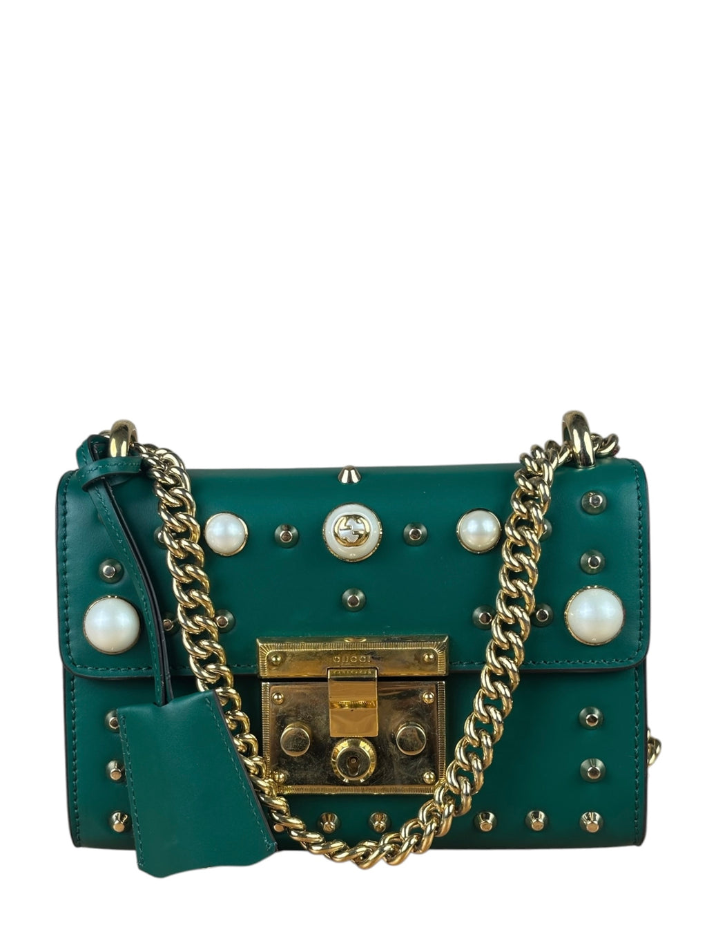 Gucci Green Leather Faux Pearls & Studs Small Padlock Bag