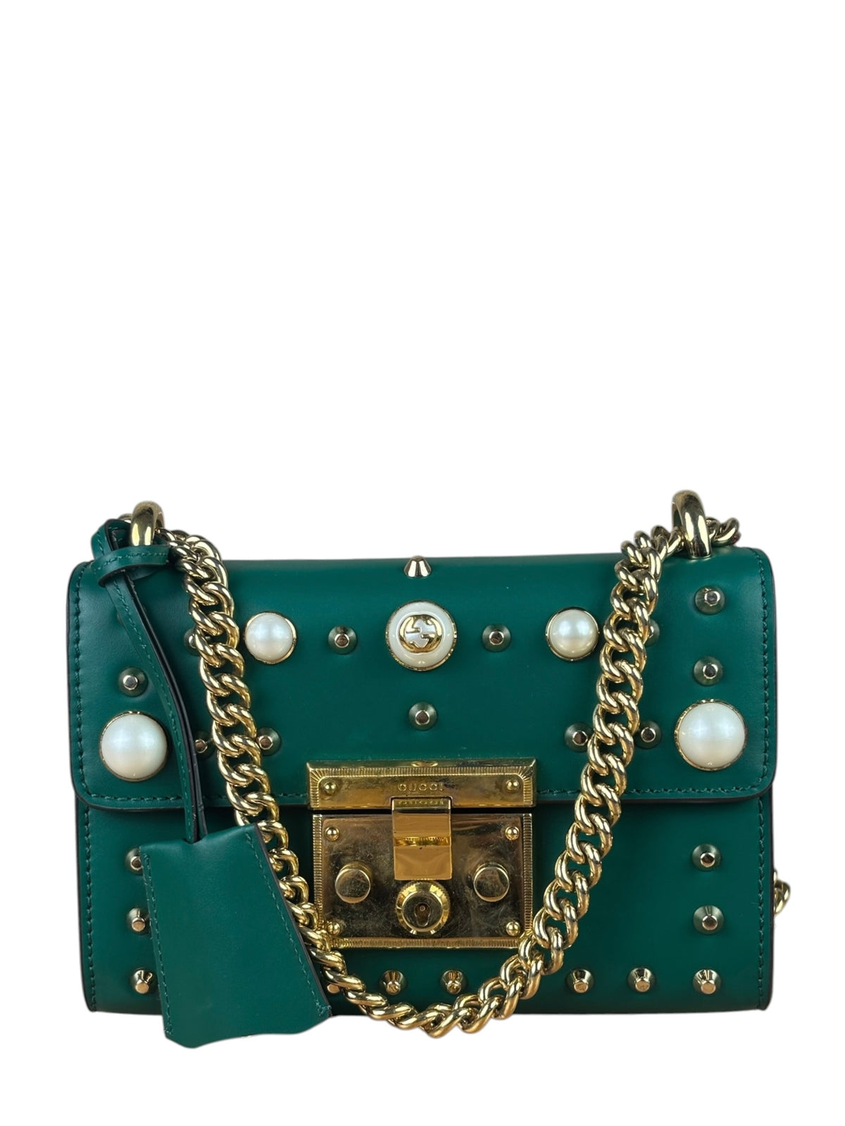 Gucci Green Leather Faux Pearls & Studs Small Padlock Bag