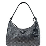 Prada Black Satin/Saffiano Leather Trim  Re-Edition Crystal-Studded Mini Pochette 2005