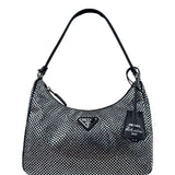 Prada Black Satin/Saffiano Leather Trim  Re-Edition Crystal-Studded Mini Pochette 2005